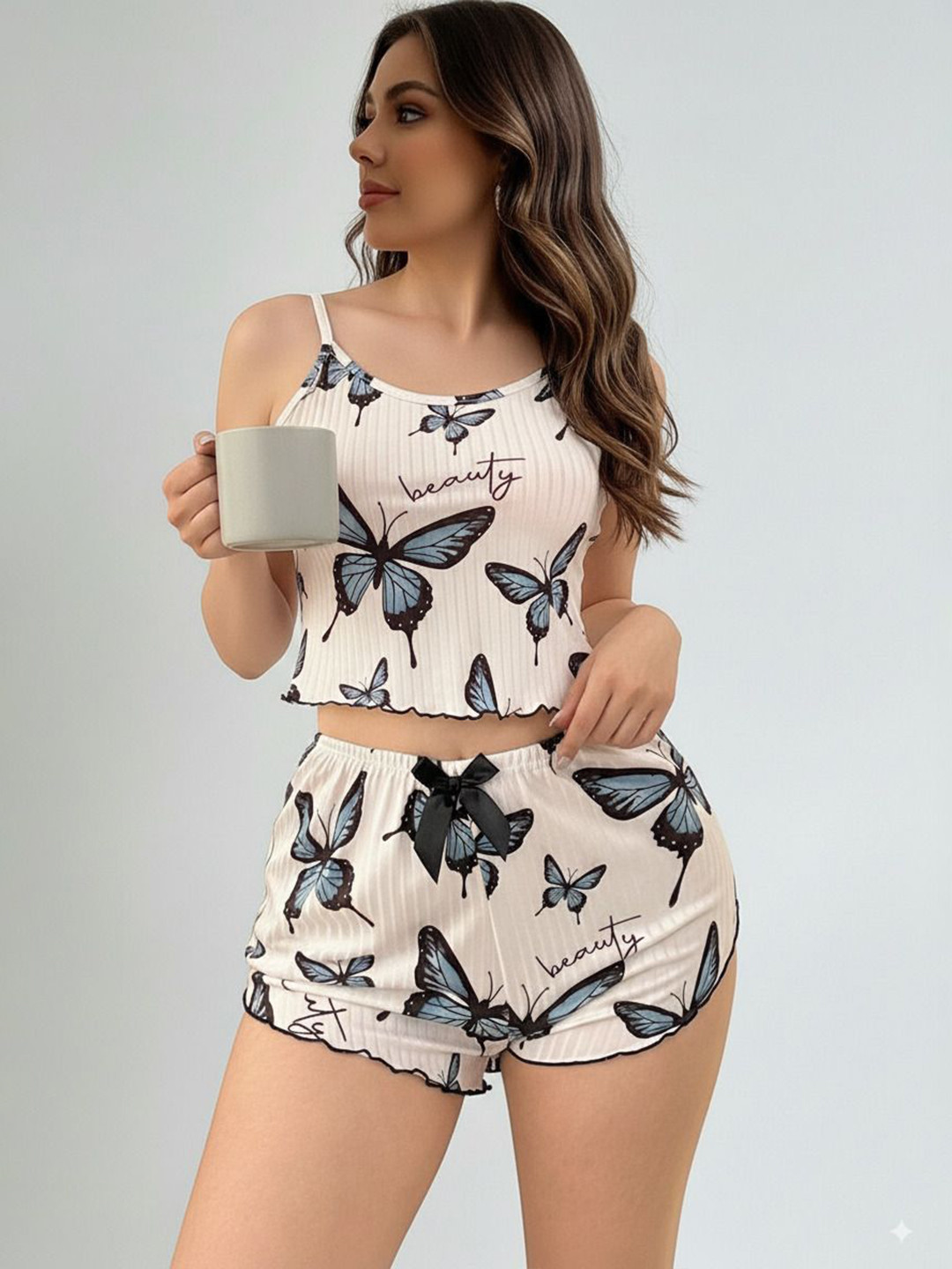 avyanga Women Printed Sleeveless Crop Top & Shorts Night Suits