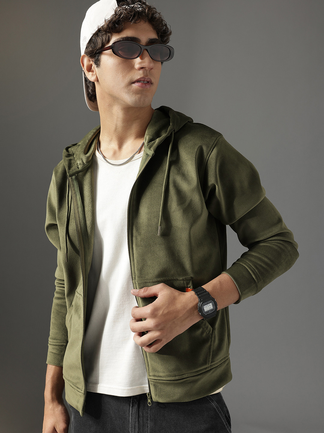 FCUK Self-Design Velvet Finish Hooded Sweatshirt