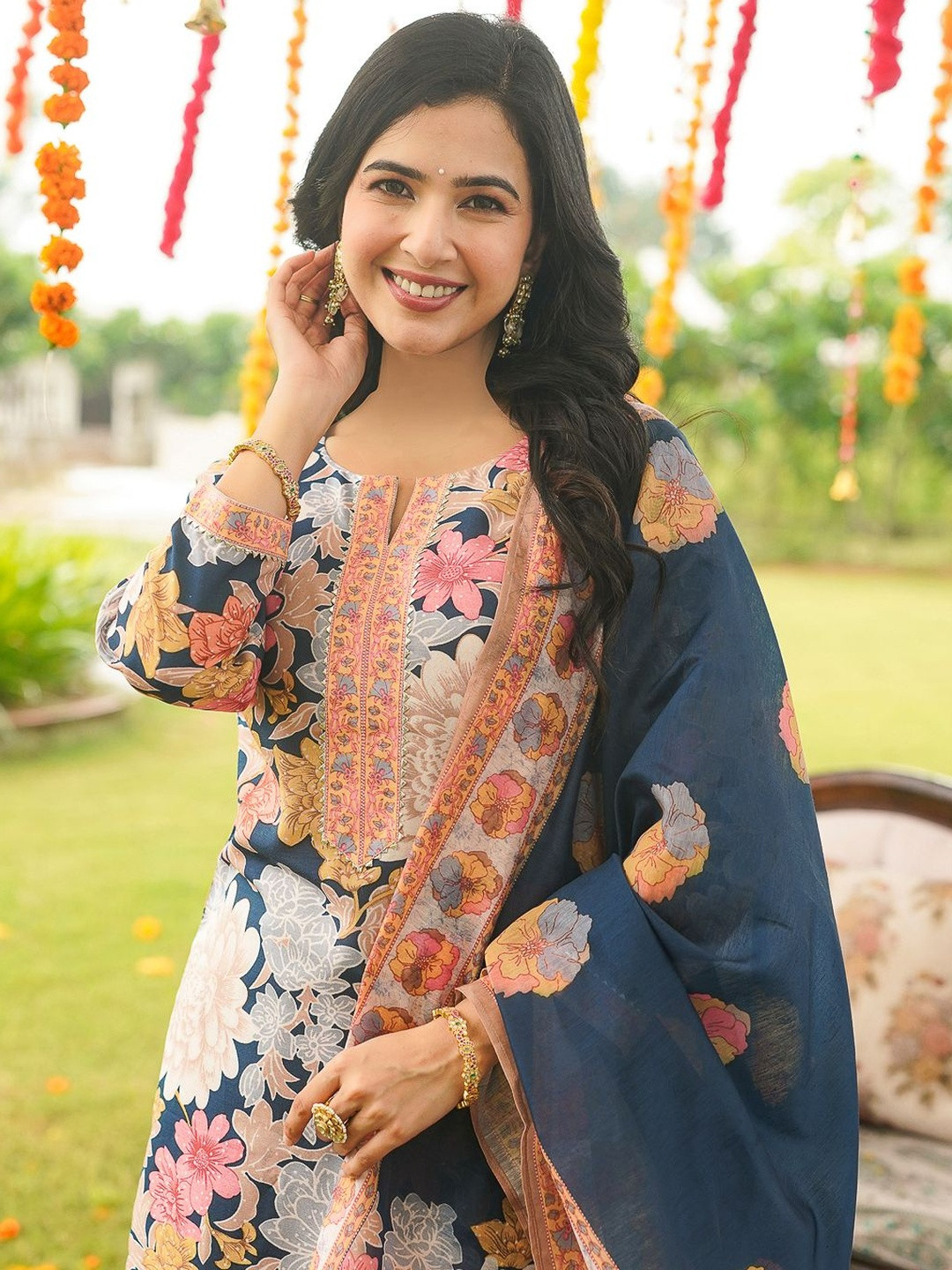 KALINI Floral Printed Notch Neck Straight Kurta with Trouser & Dupatta