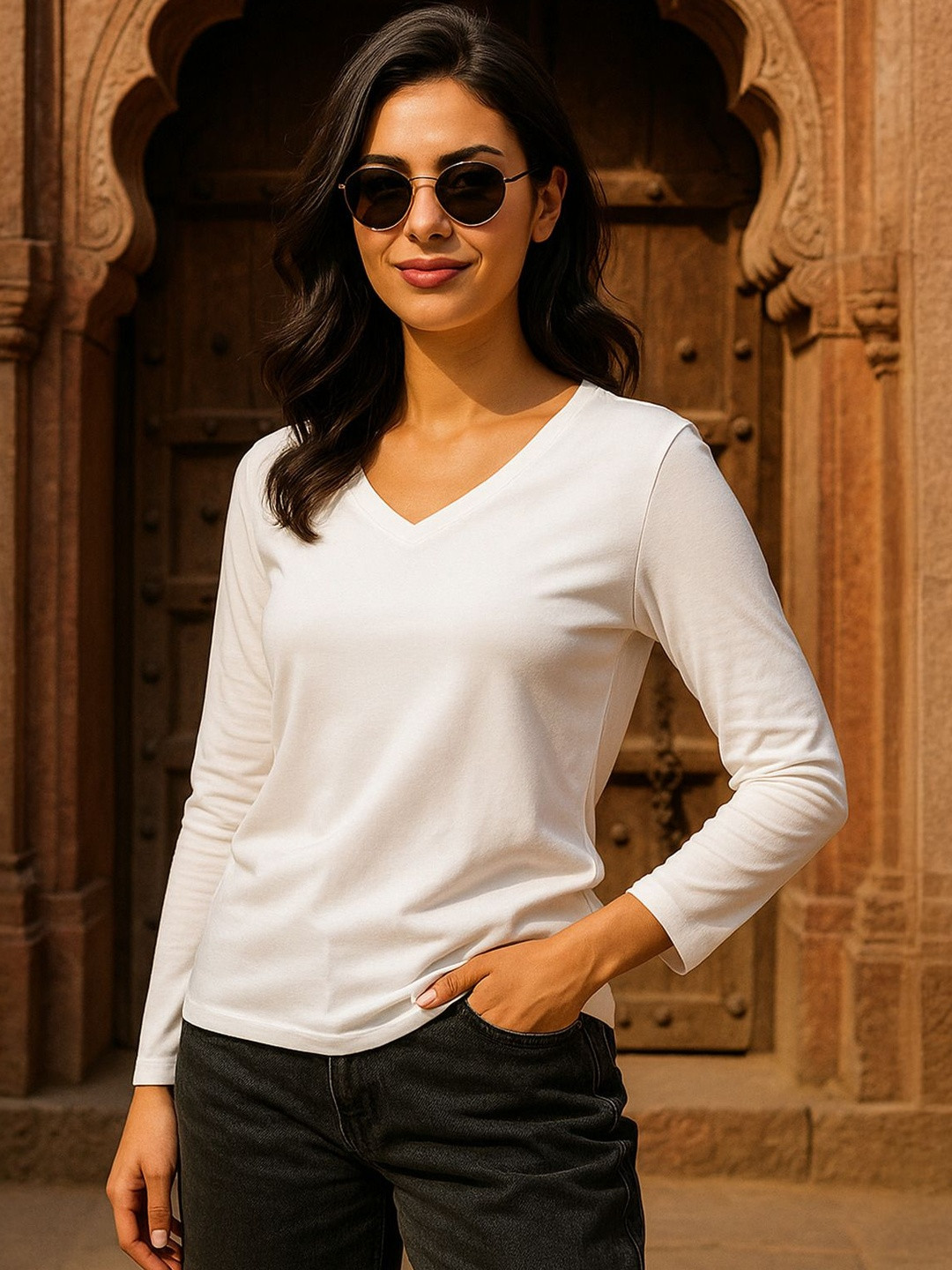 JUNEBERRY Fullsleeve Pure Cotton V-Neck Long Sleeves T-shirt