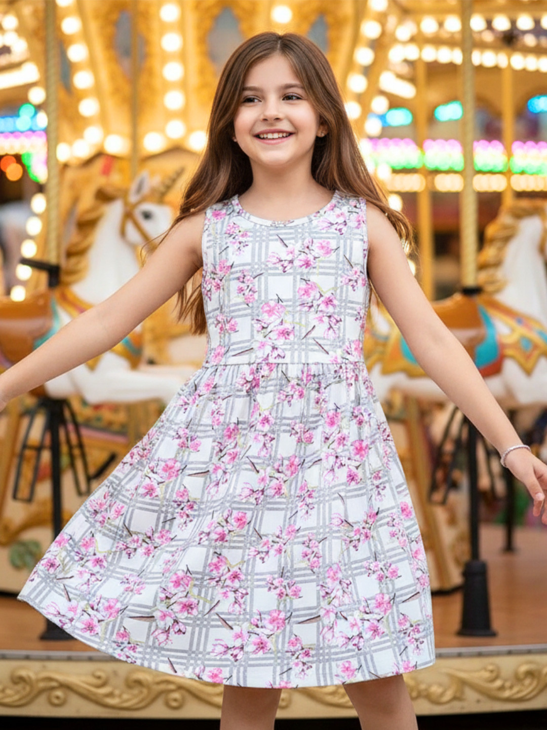 Uptownie Lite Girls White Floral Cotton Dress