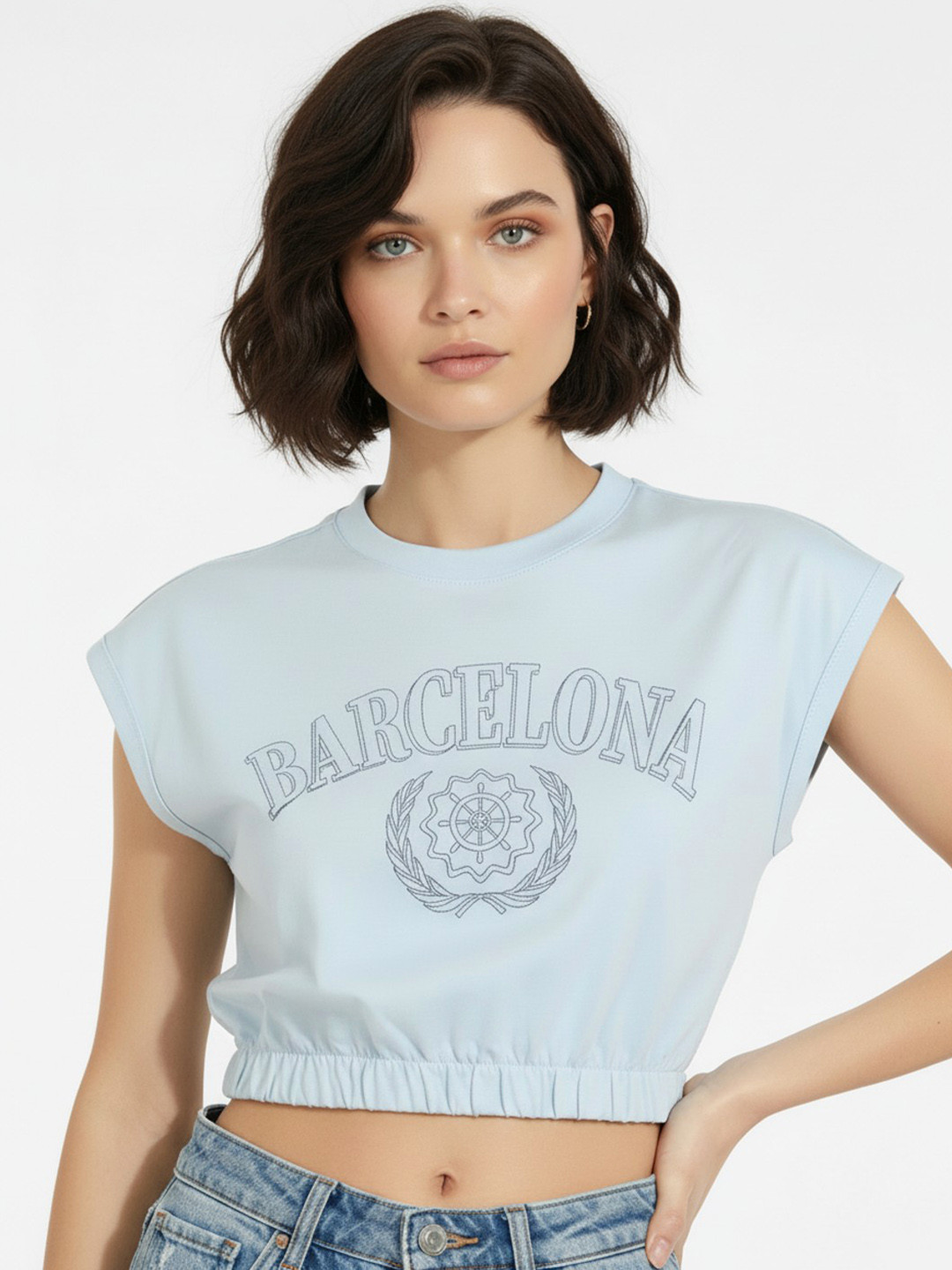 glitchez Typography Printed Extended Sleeves Pure Cotton Super Crop T-shirt