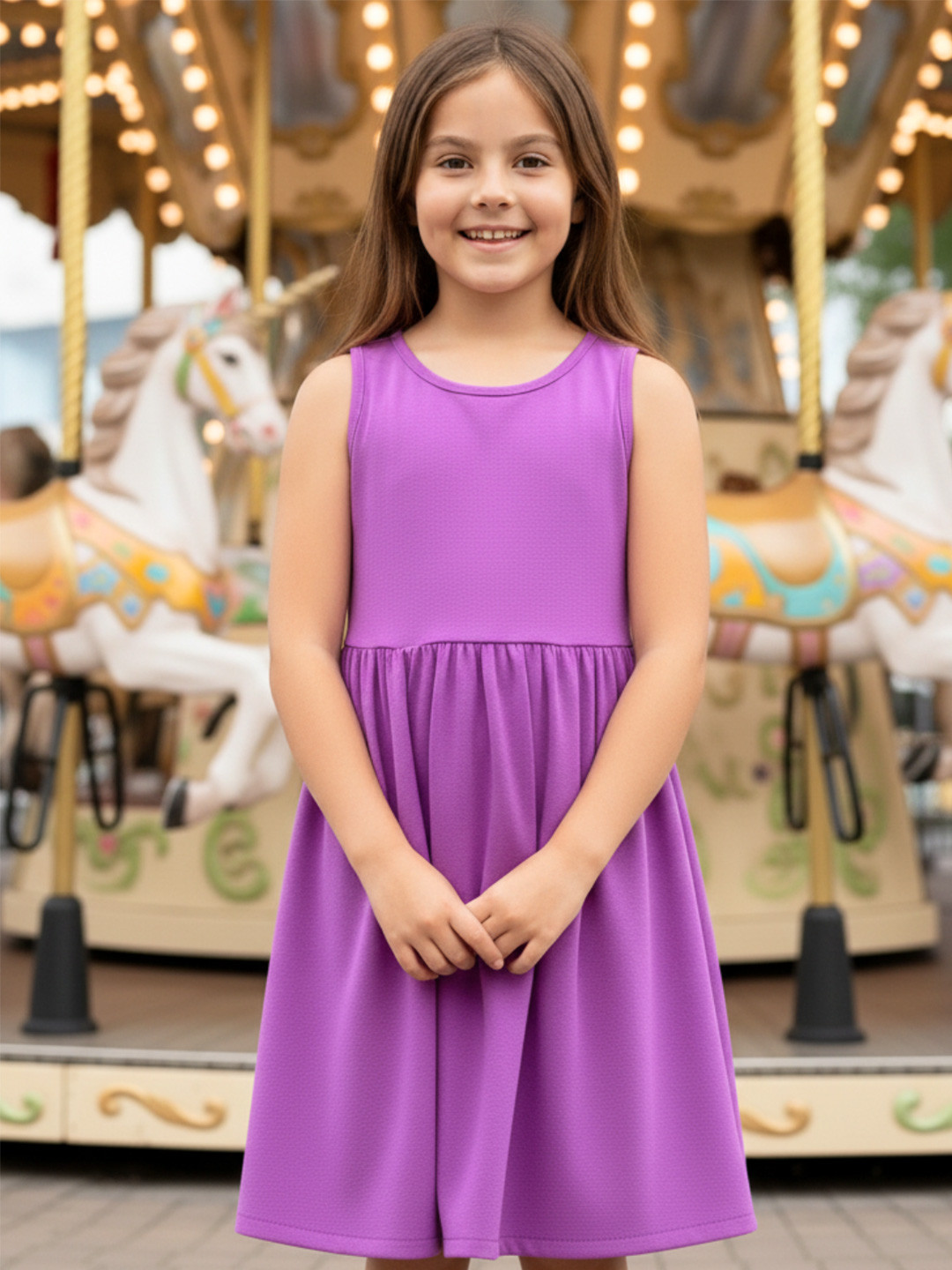 Uptownie Lite Girls Purple solid Round neck A-line CottonDress