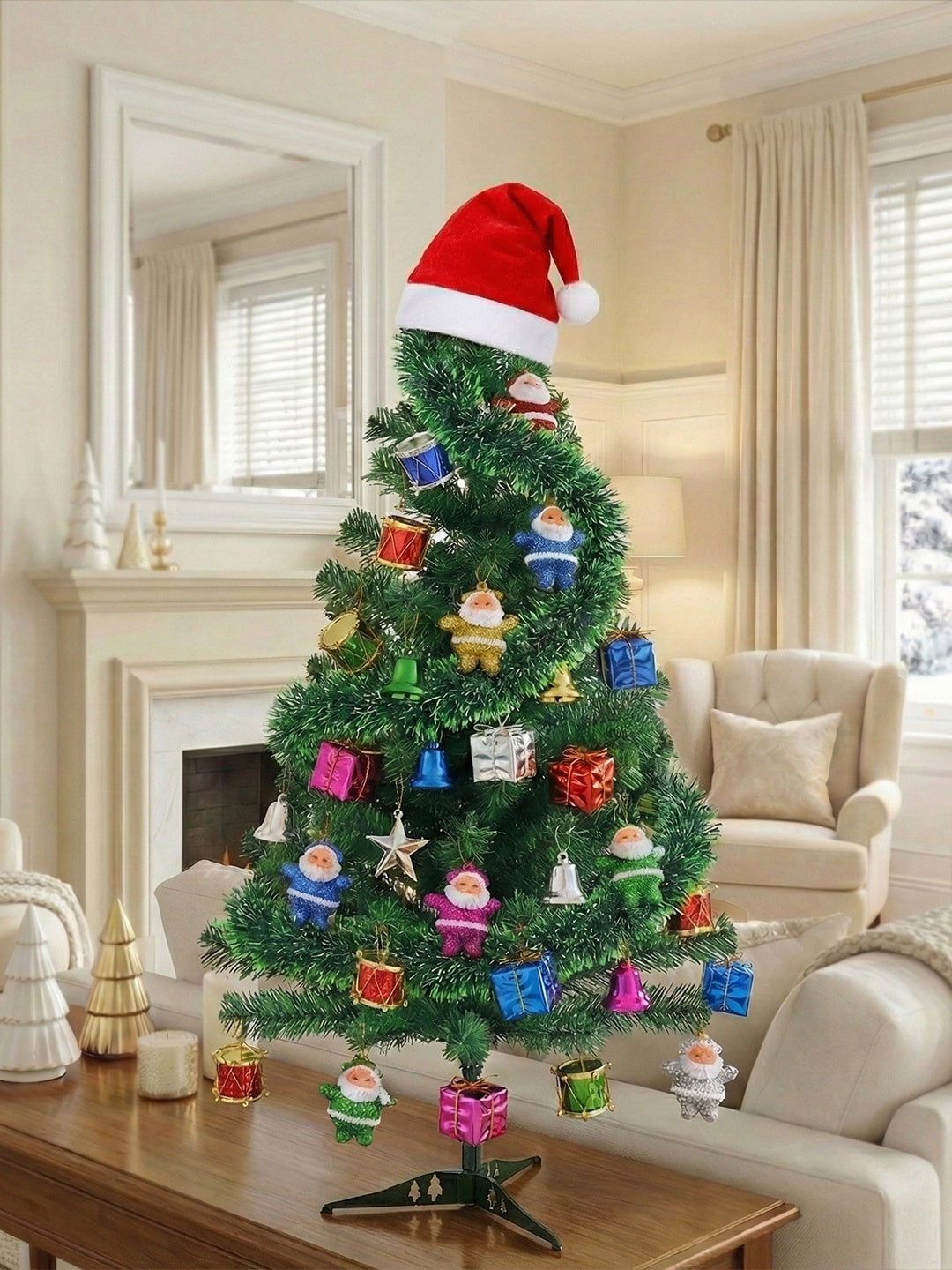 CraftVatika Christmas Decor Xmas Tree with 50 Ornaments Cap Garland Tabletop 3 Feet