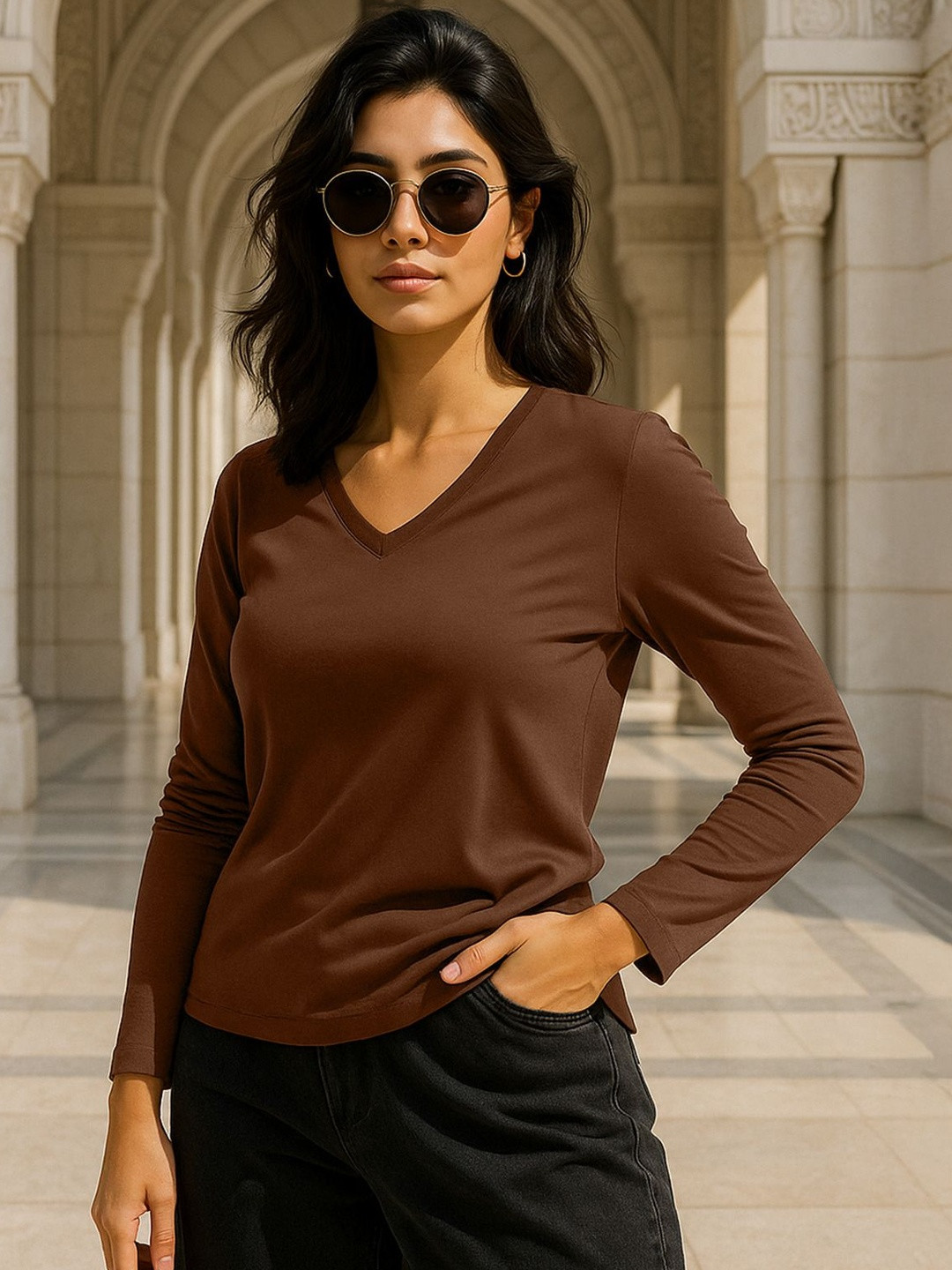 JUNEBERRY Fullsleeve Pure Cotton V-Neck Long Sleeves T-shirt