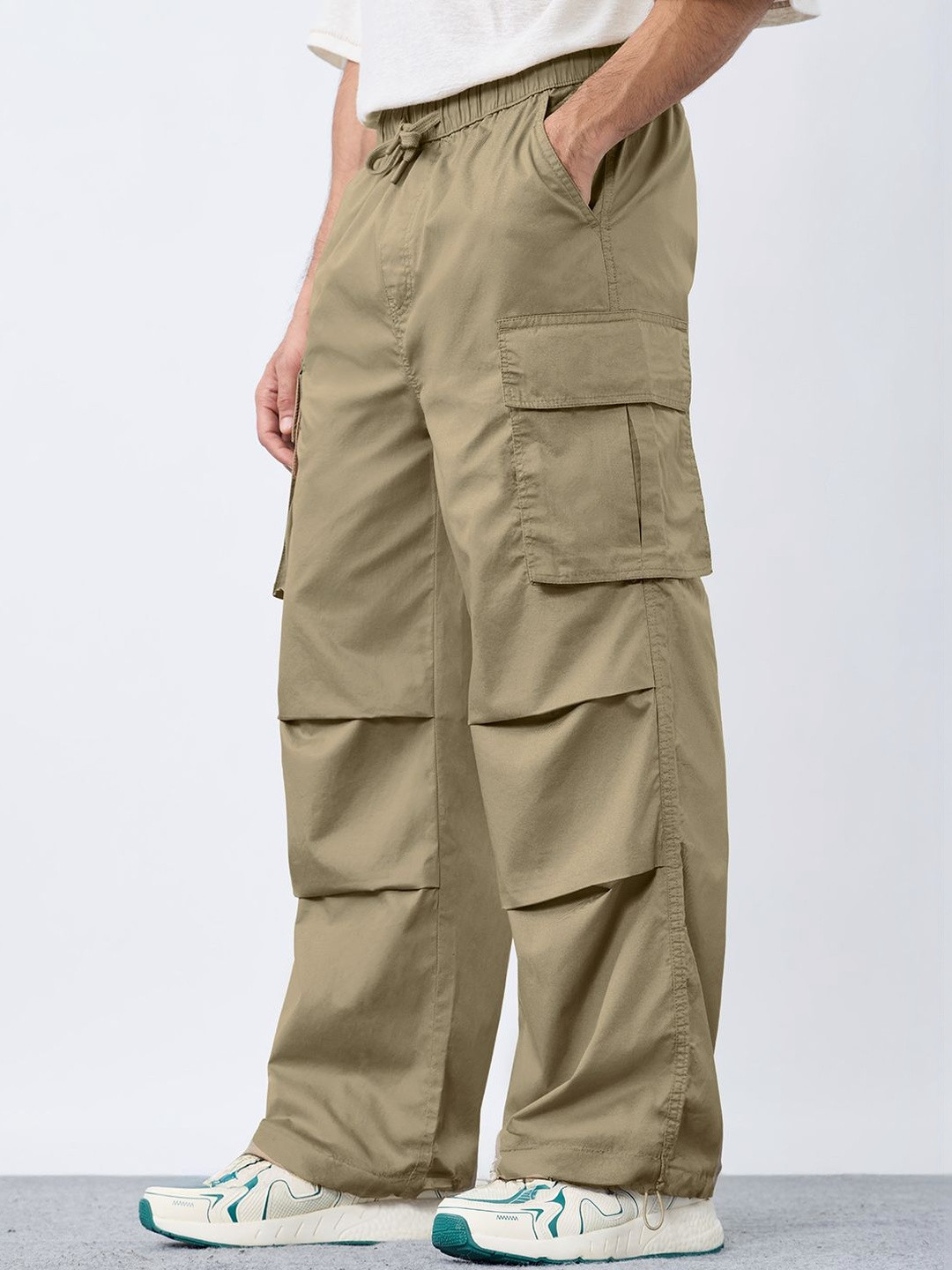 The Souled Store Men Baggy Fit Solid Khaki Parachute Pants