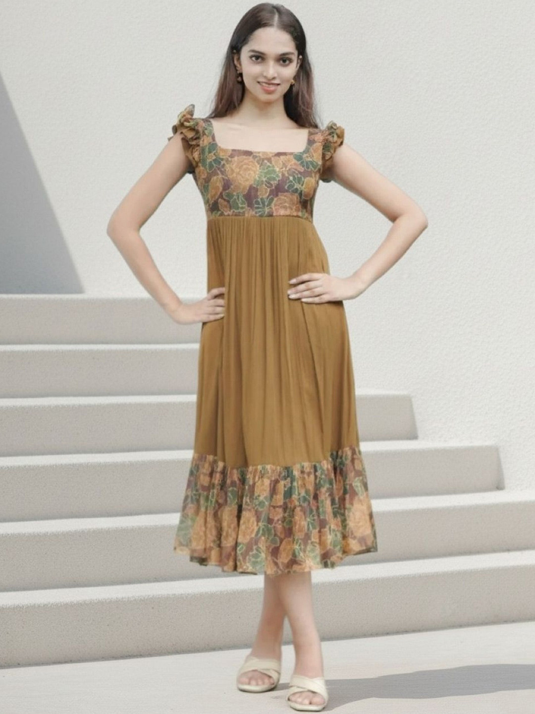 Ethniclook Floral Colourblocked Puff Sleeve Ruffled A-Line Midi Dress