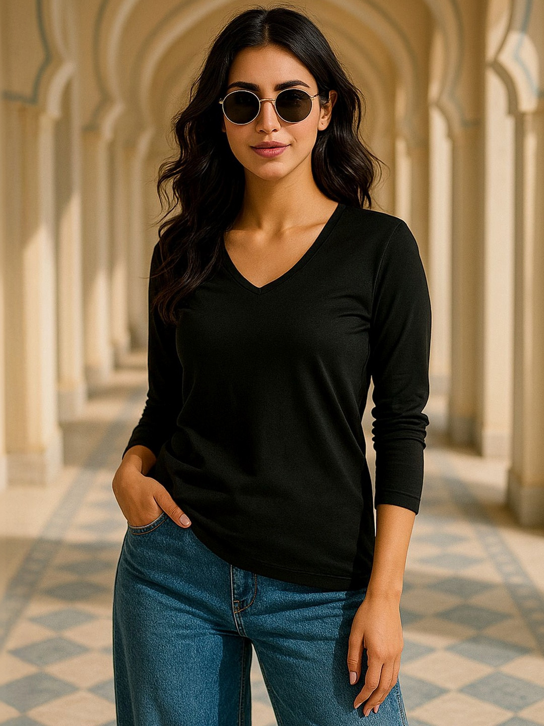 JUNEBERRY Fullsleeve Pure Cotton V-Neck Long Sleeves T-shirt