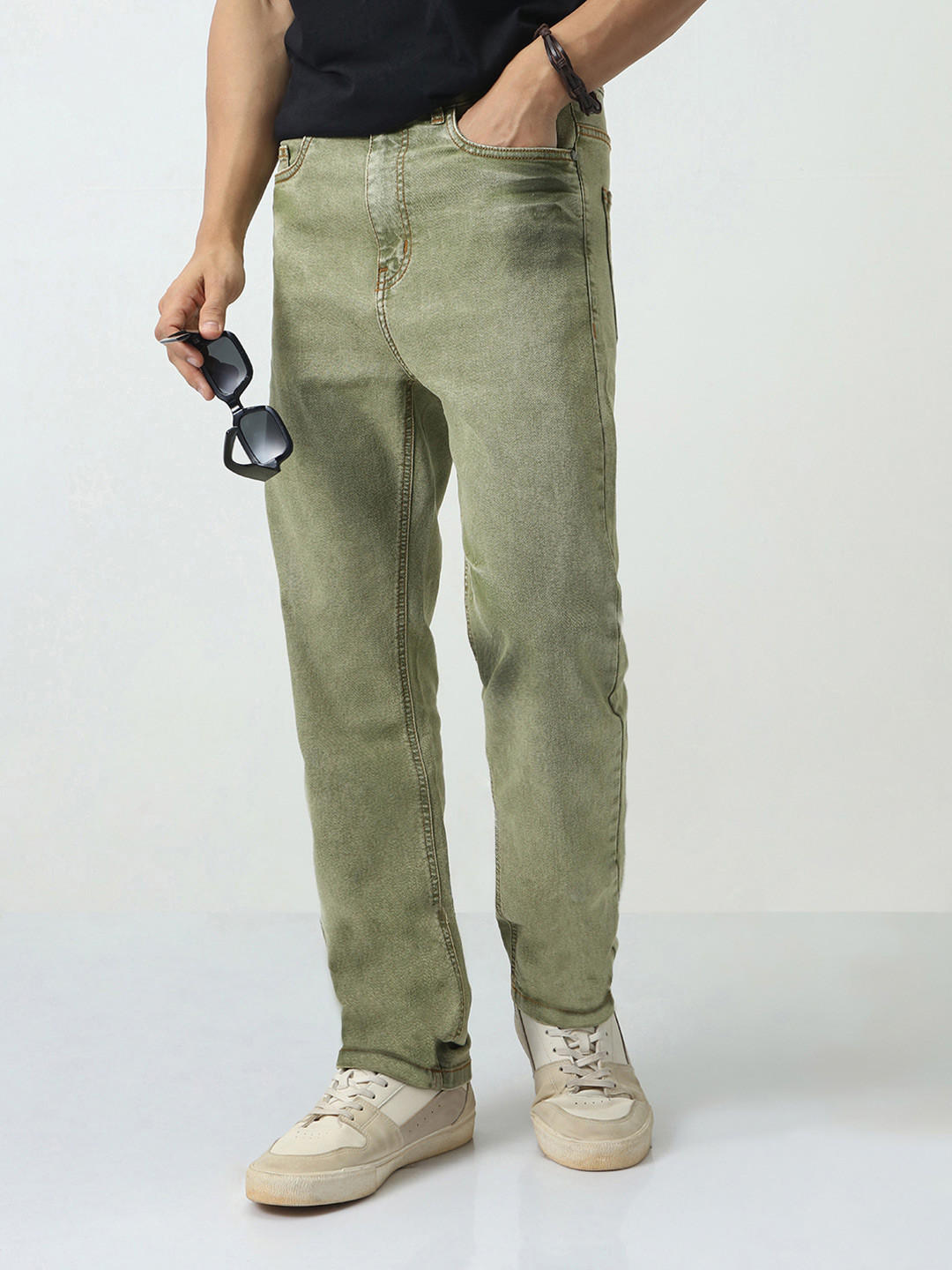 Urbano Fashion Men's Light Green Straight Fit Heavy Washed Jeans Stretchable