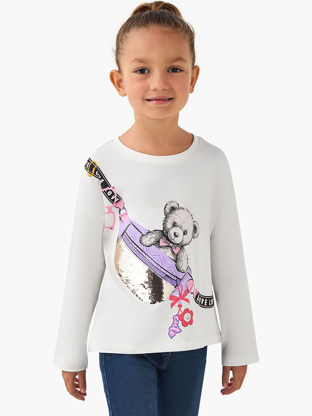 Juniors by Babyshop Girls Printed Crew Neck Long Sleeve T-shirt with Sequin Detail
