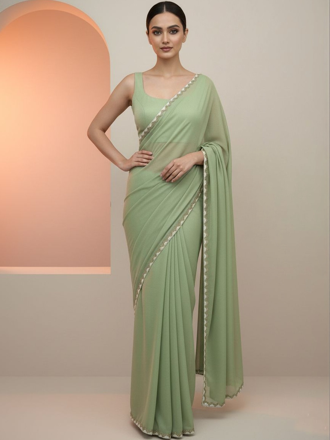 LOROFY Beads and Stones Satin Saree