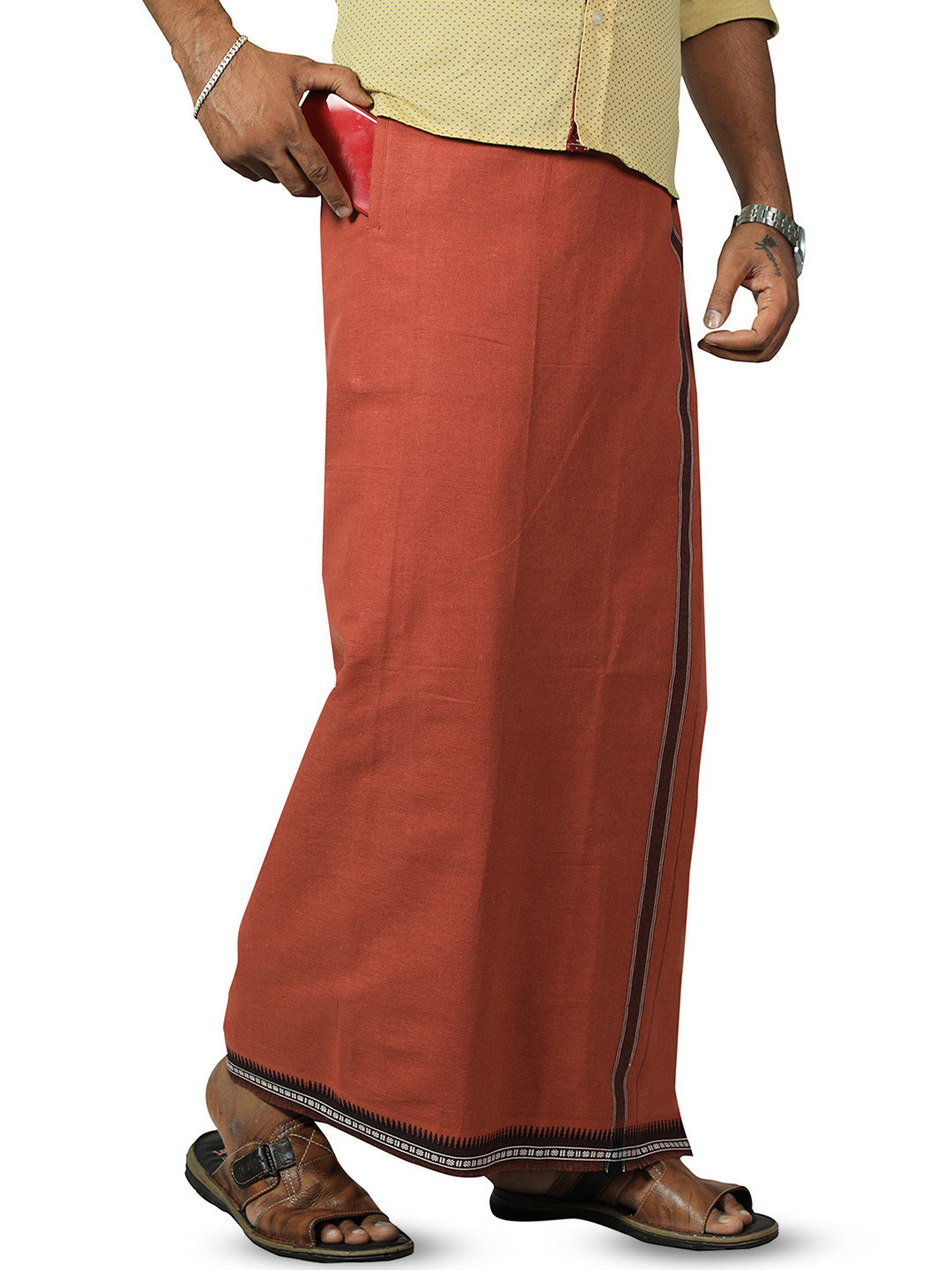 PRAKASAM COTTON Men Kerala Thalapathi Border Welcro Adjustable Pocket Cotton Dhoti
