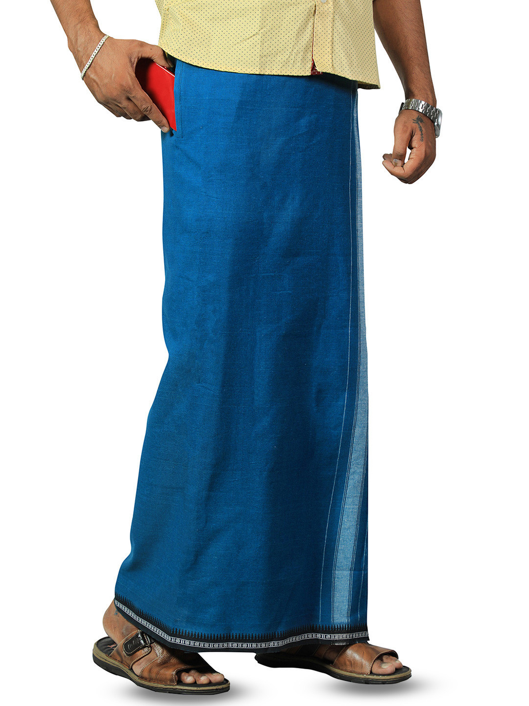 PRAKASAM COTTON Men Kerala Thalapathi Border Welcro Adjustable Pocket Cotton Dhoti