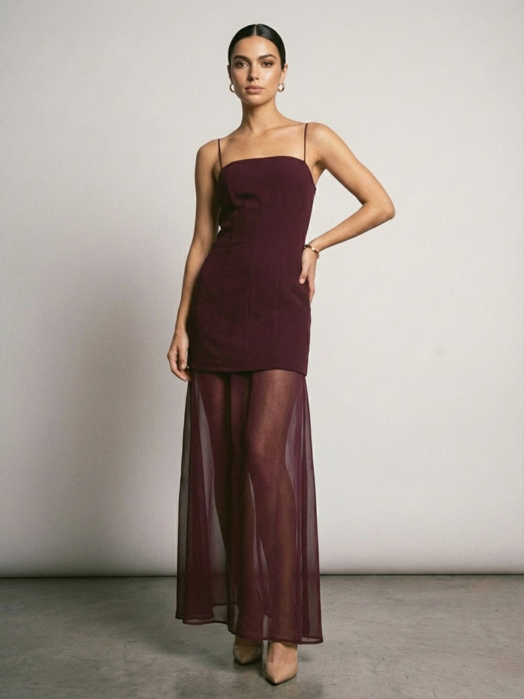 Phosphorus Panel Detailed Shoulder Straps Sheer Maxi A-Line Dress