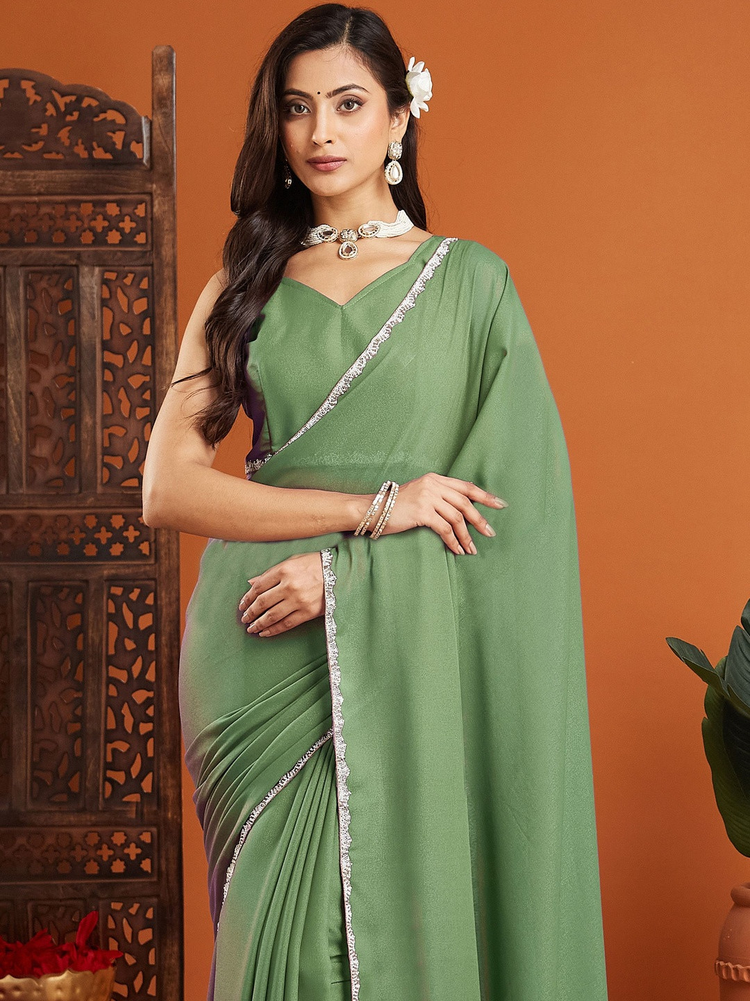 LOROFY Beads and Stones Satin Saree