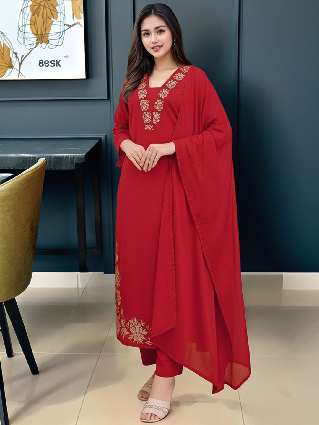 Aaghnya Women Floral Embroidered Regular Thread Work Kurta with Trousers & With Dupatta