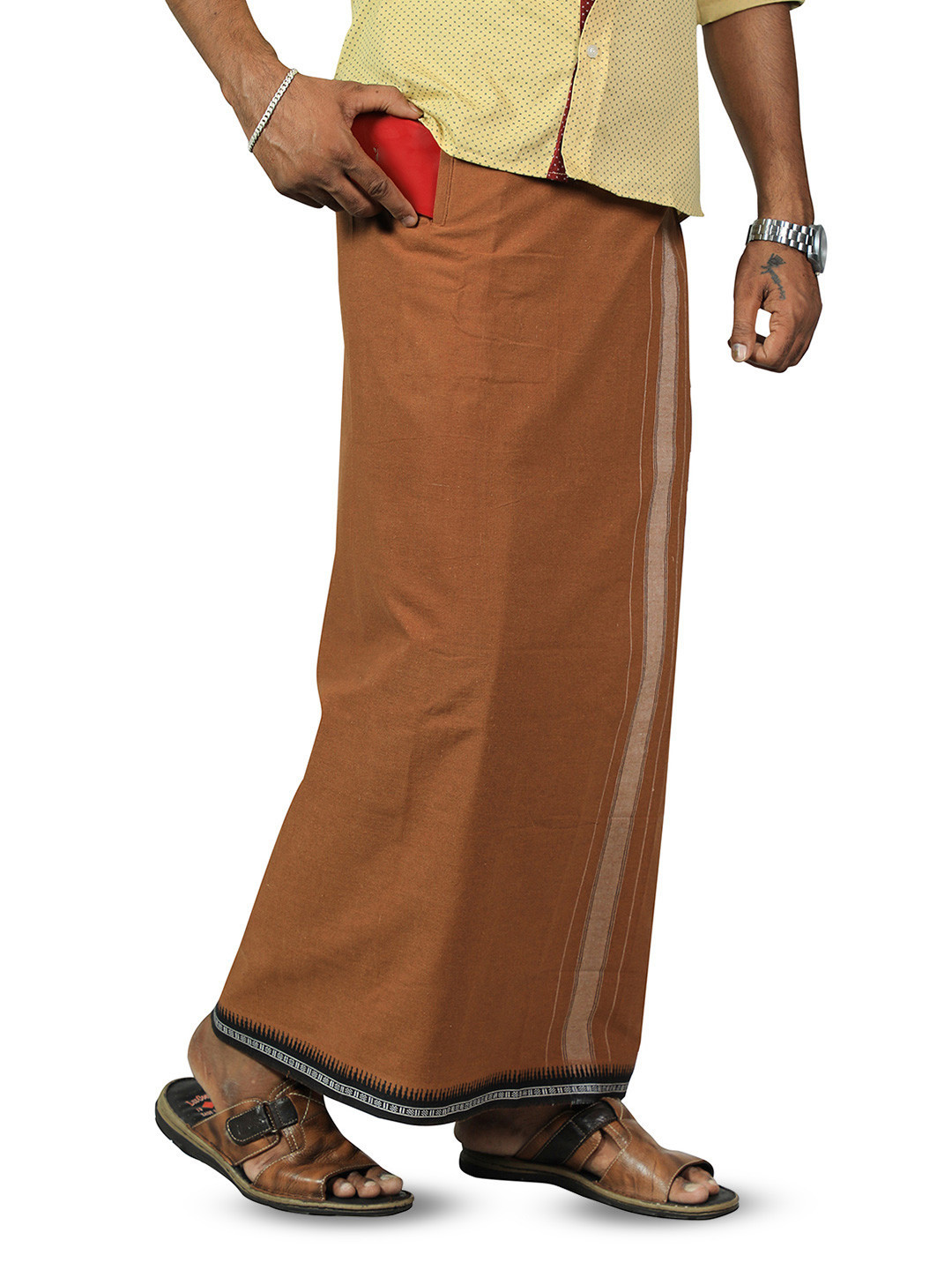 PRAKASAM COTTON Men Kerala Thalapathi Border Welcro Adjustable Pocket Cotton Dhoti