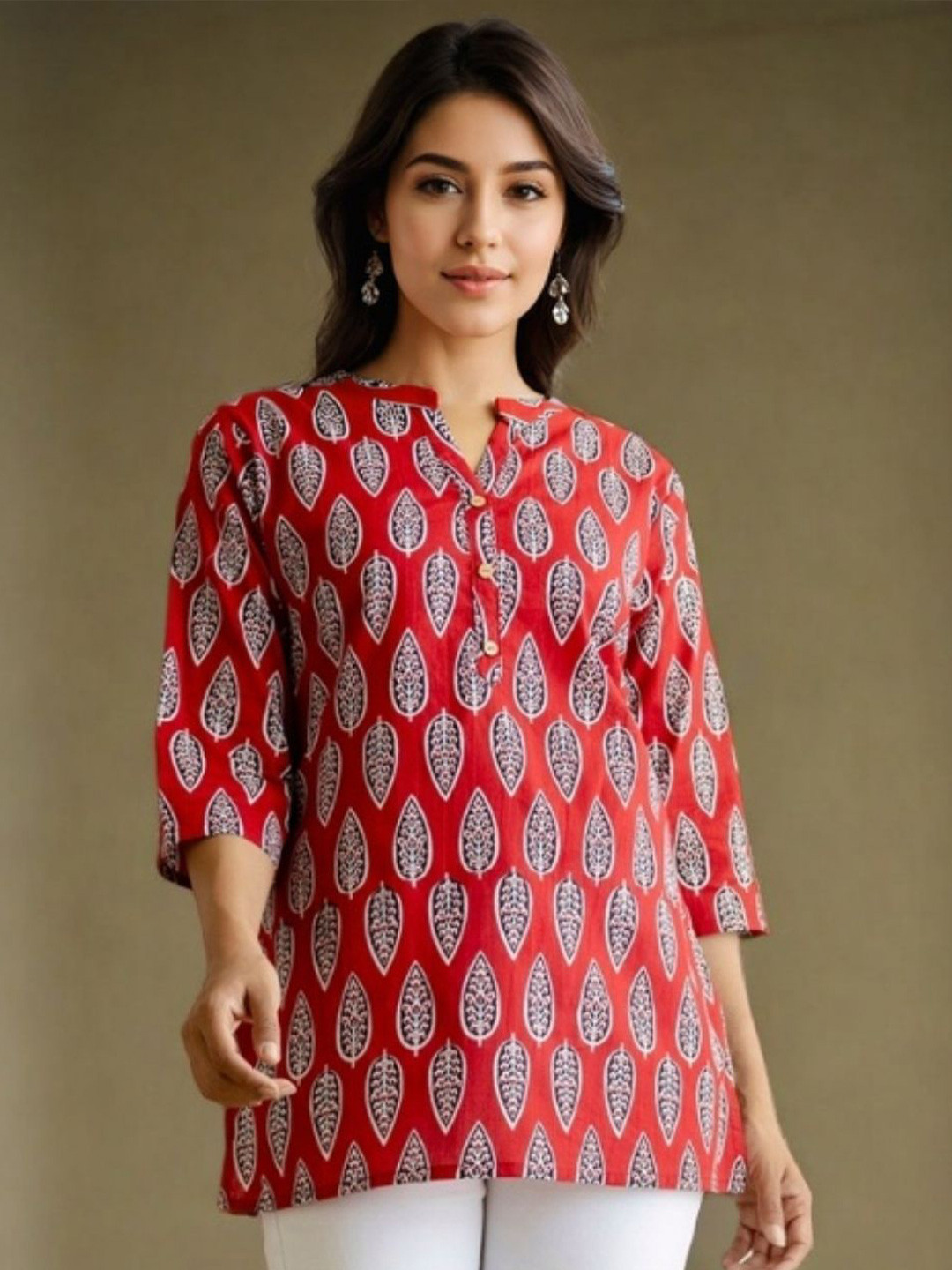 OZIA Women Floral Printed Mandarin Collar Cotton Top