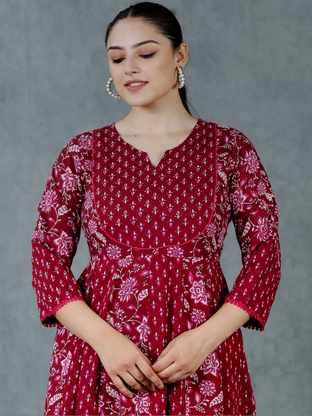 Aramya Women Floral Printed Keyhole Neck Patchwork Anarkali Kurta