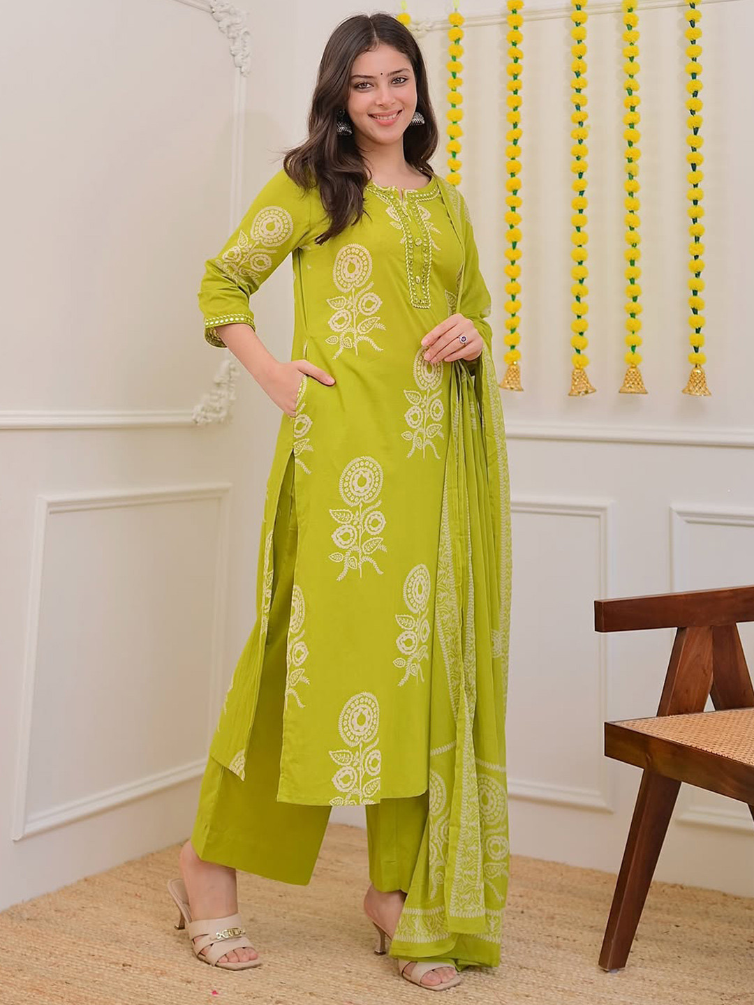 MST Women Ethnic Motifs Printed Regular Mirror Work Pure Cotton Kurta with Palazzos & With Dupatta