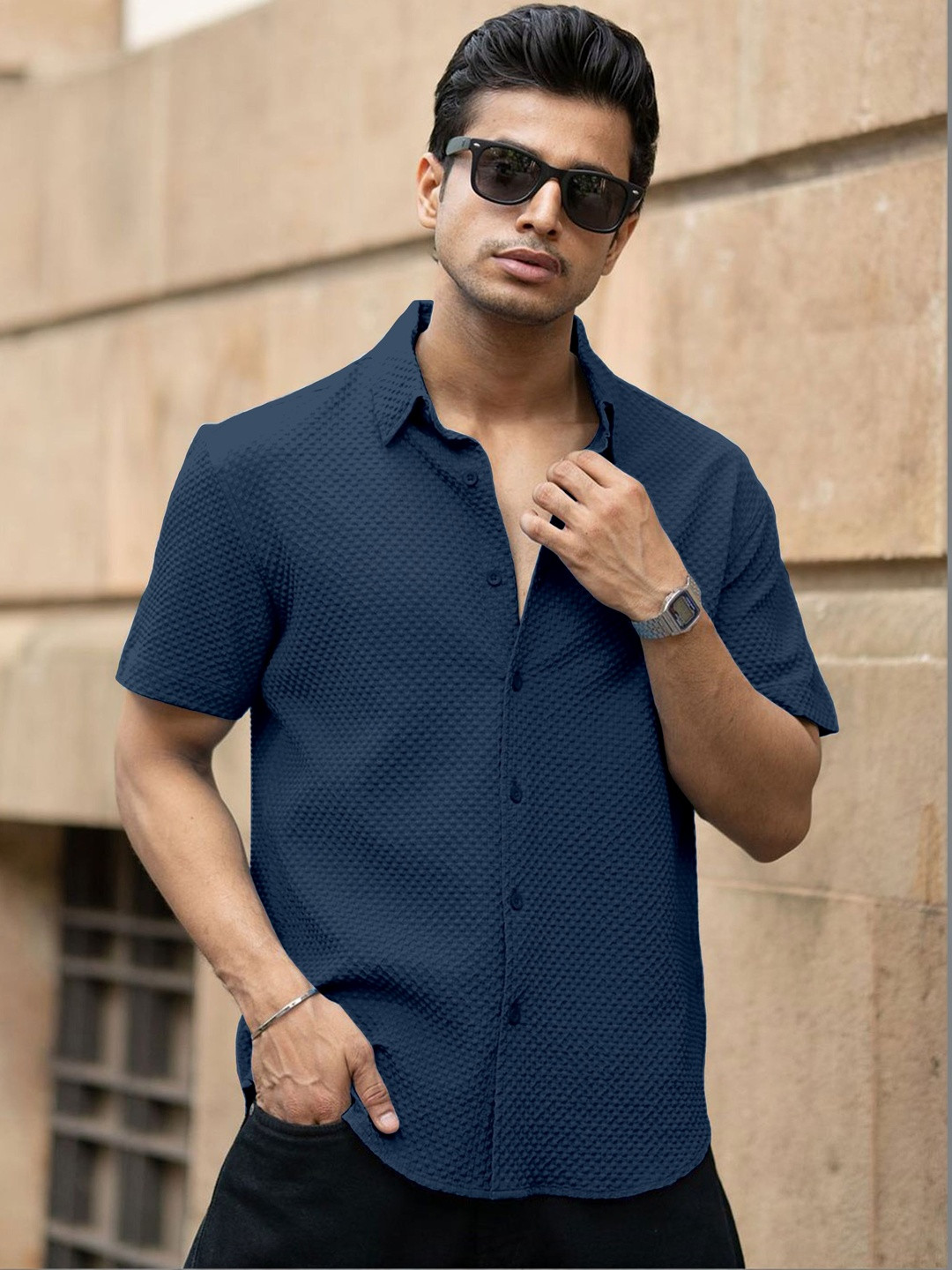 Navy Blue Textured Regular Fit Casual Shirt