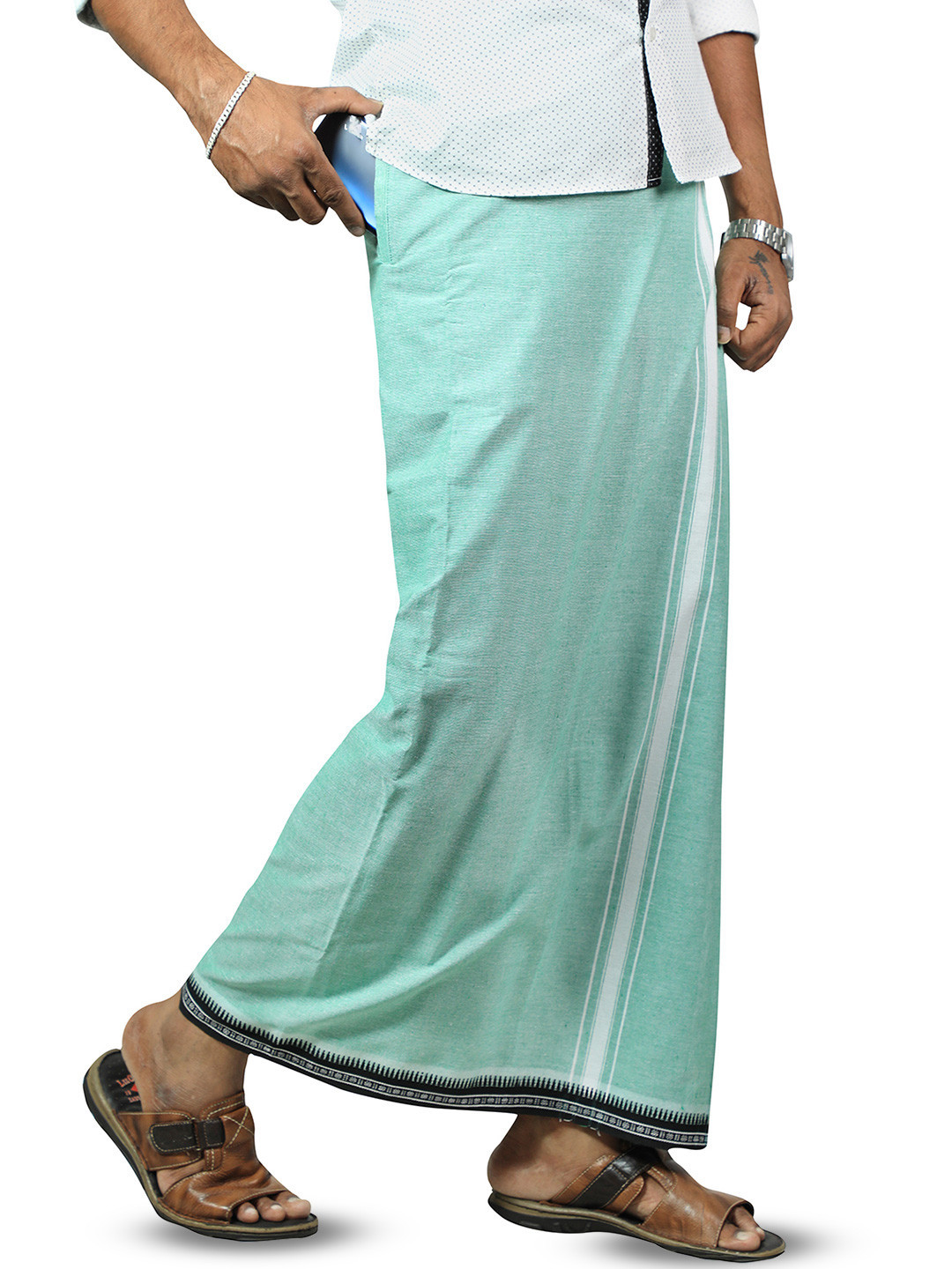 PRAKASAM COTTON Men Kerala Thalapathi Border Welcro Adjustable Pocket Cotton Dhoti