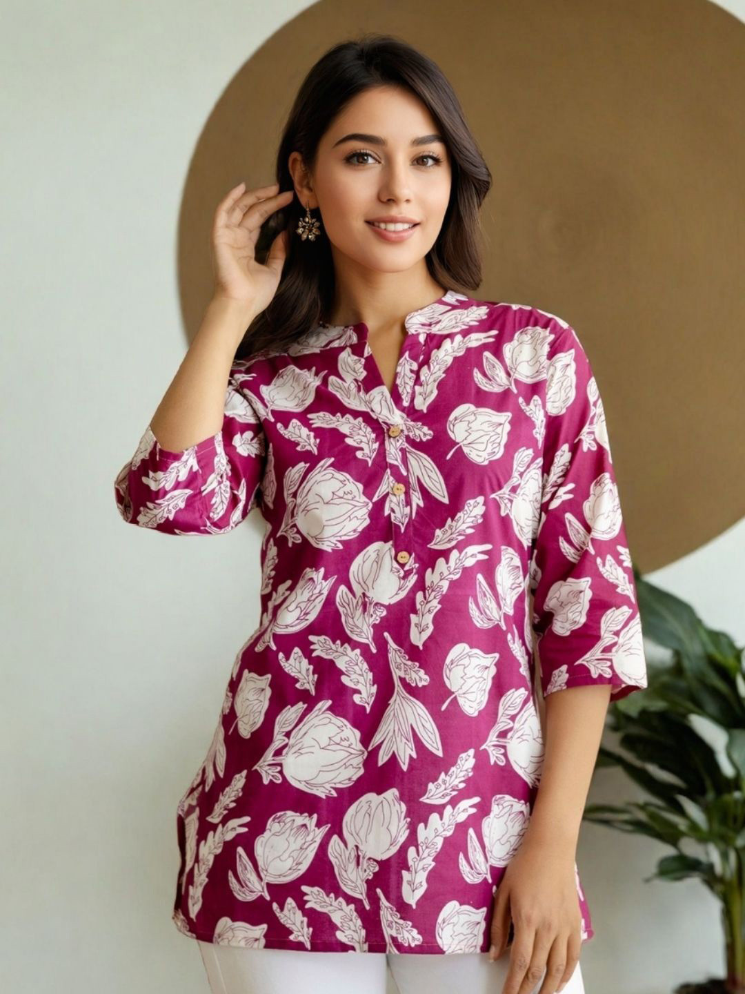 OZIA Women Floral Printed Mandarin Collar Cotton Shirt Style Top