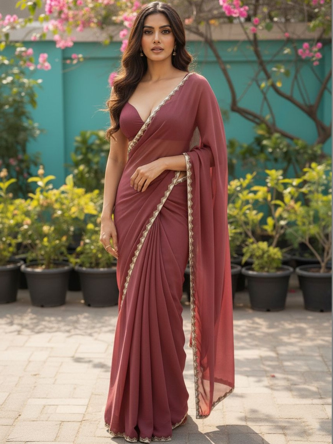LOROFY Beads and Stones Satin Saree