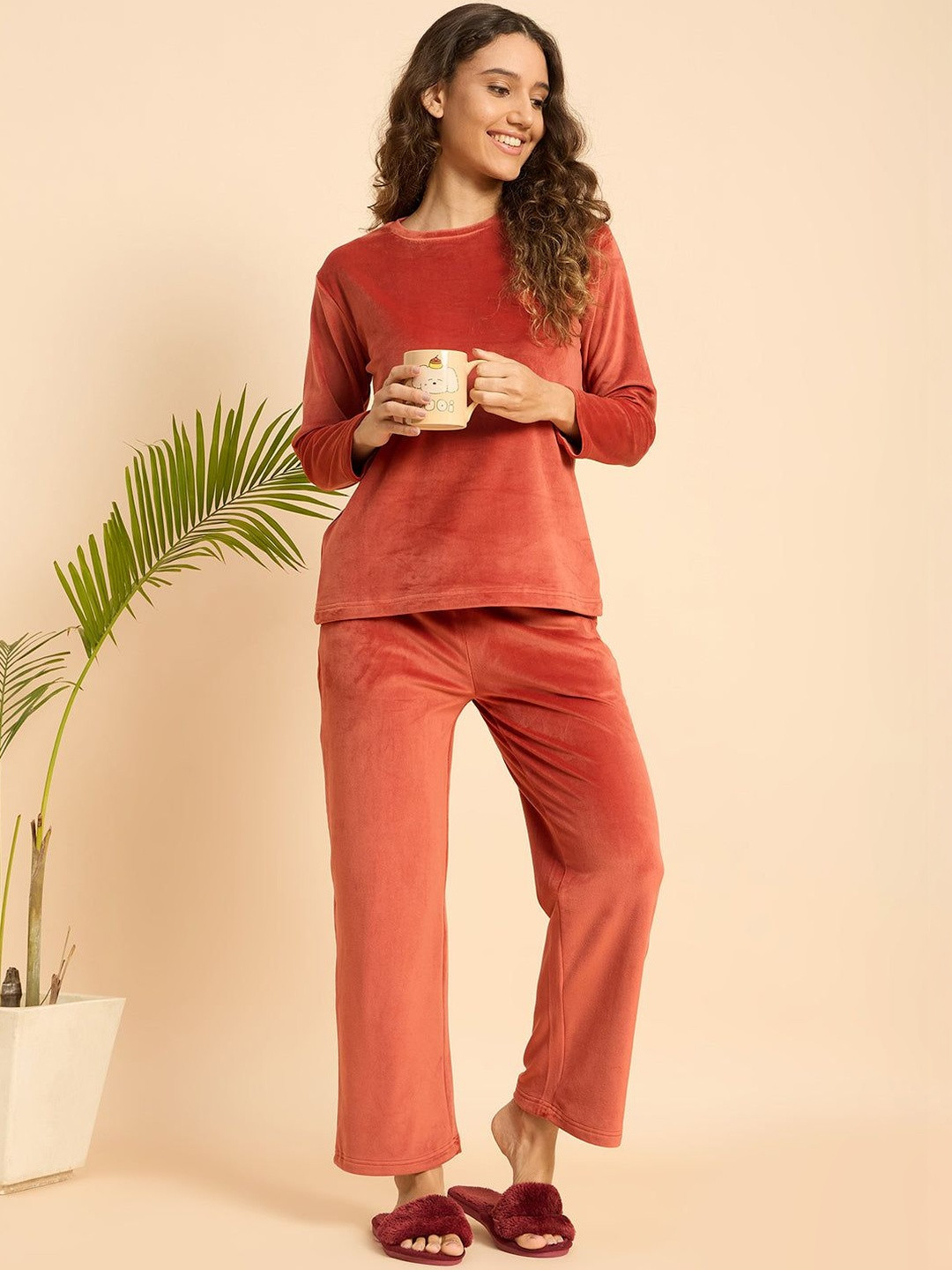 KIZA Women Orange Solid Velvet Round Neck Top & Pyjamas Night Suit