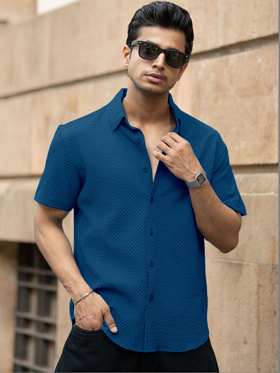 Teal Textured Regular Fit Casual Shirt