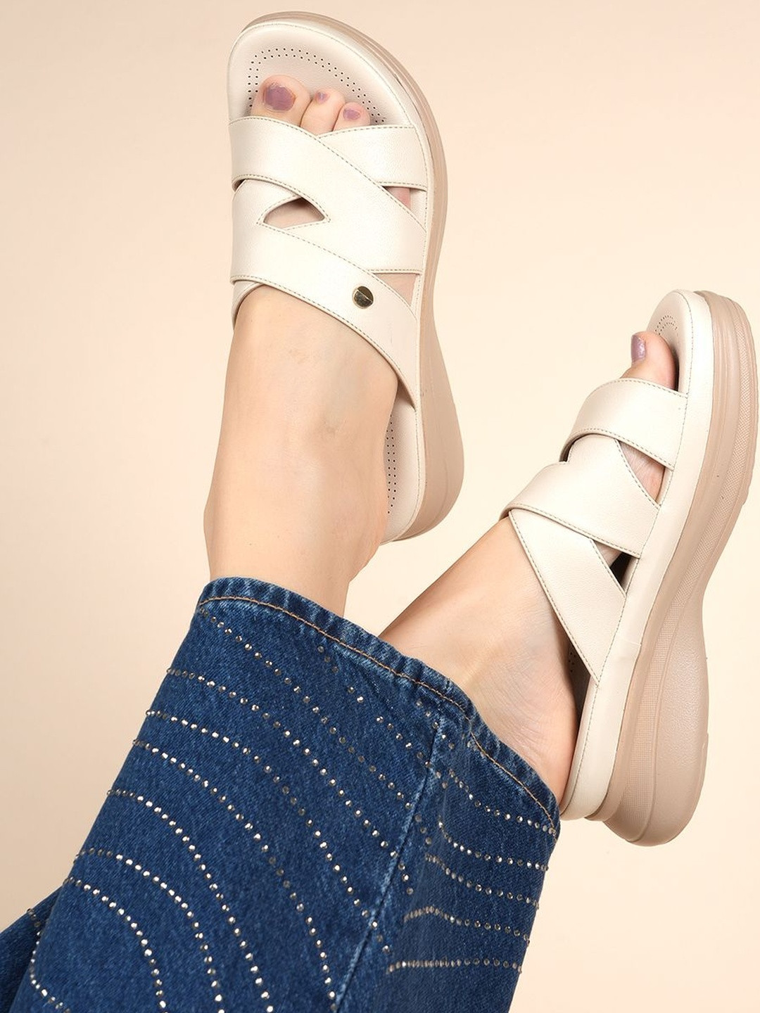 The Roadster Lifestyle Co Women Round Toe Criss-Cross Platform-Heeled Sandals