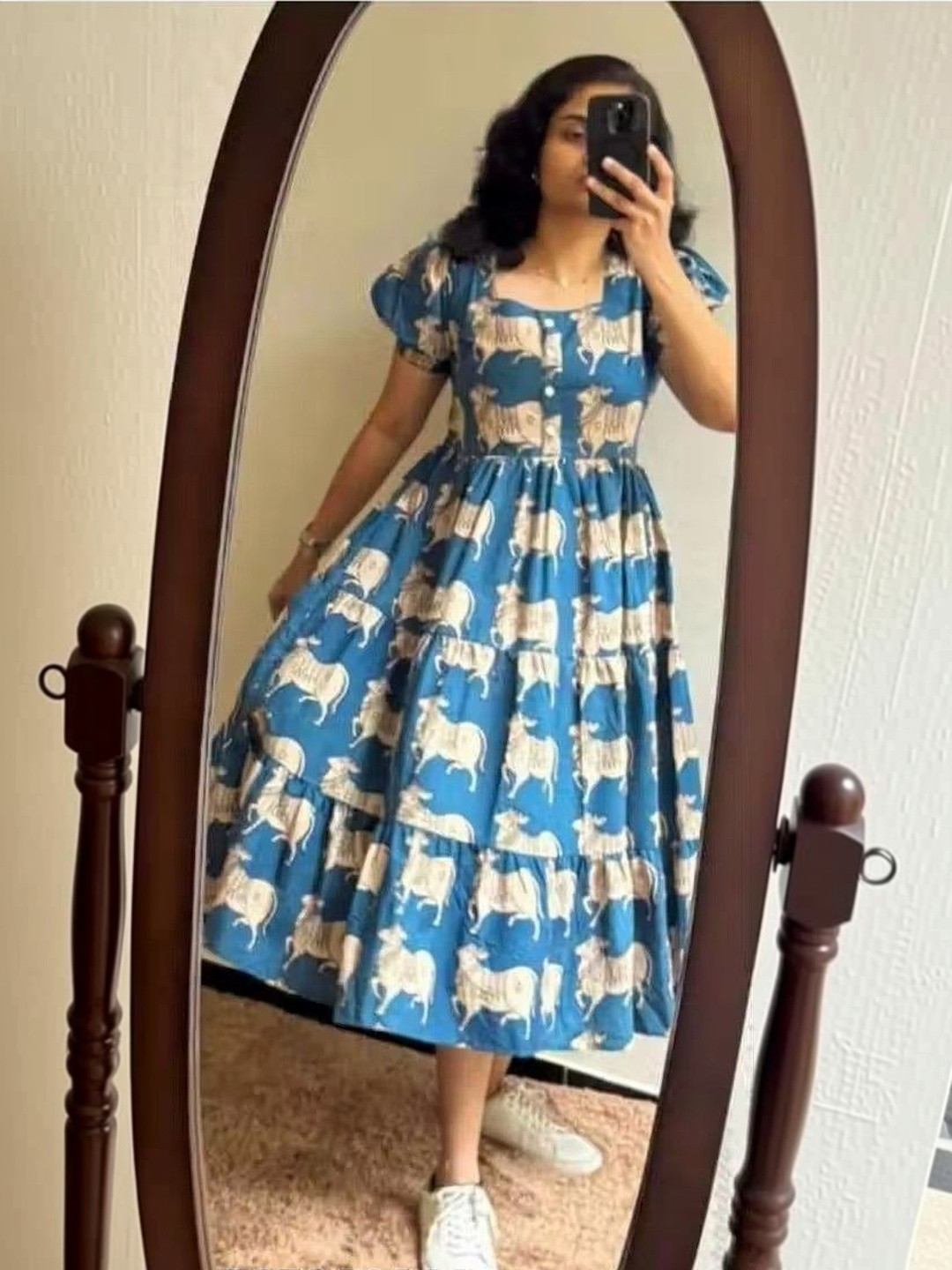 PakhiCreations Ethnic Motifs Print Puff Sleeve Fit & Flare Midi Dress
