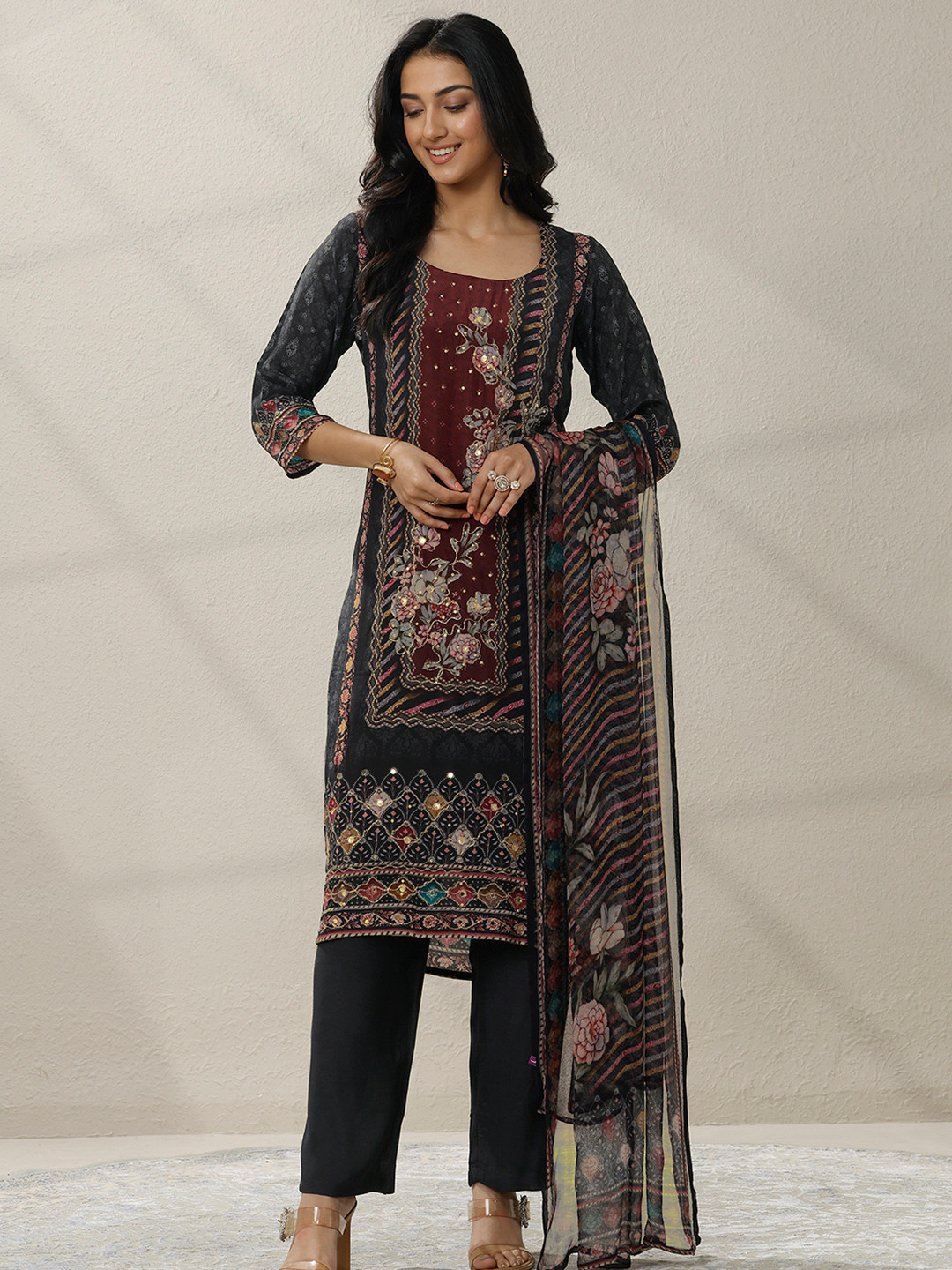 Libas Women Ethnic Motifs Printed Panelled Mirror Work Cotton Blend Kurta with Trousers & With Dupatta