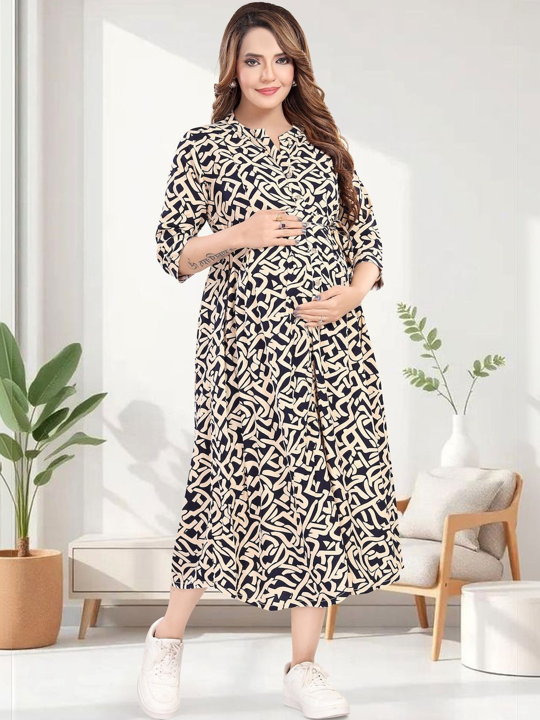 MomsBae Print Maternity Fit & Flare Midi Dress