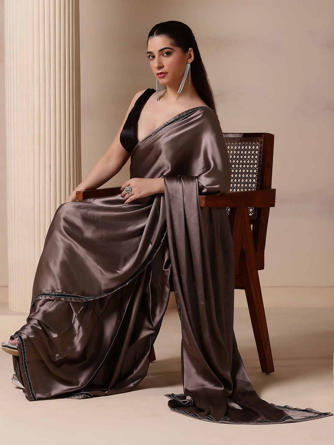 HANDME Pearl Smoke Premium Satin Embroidered Aura Saree