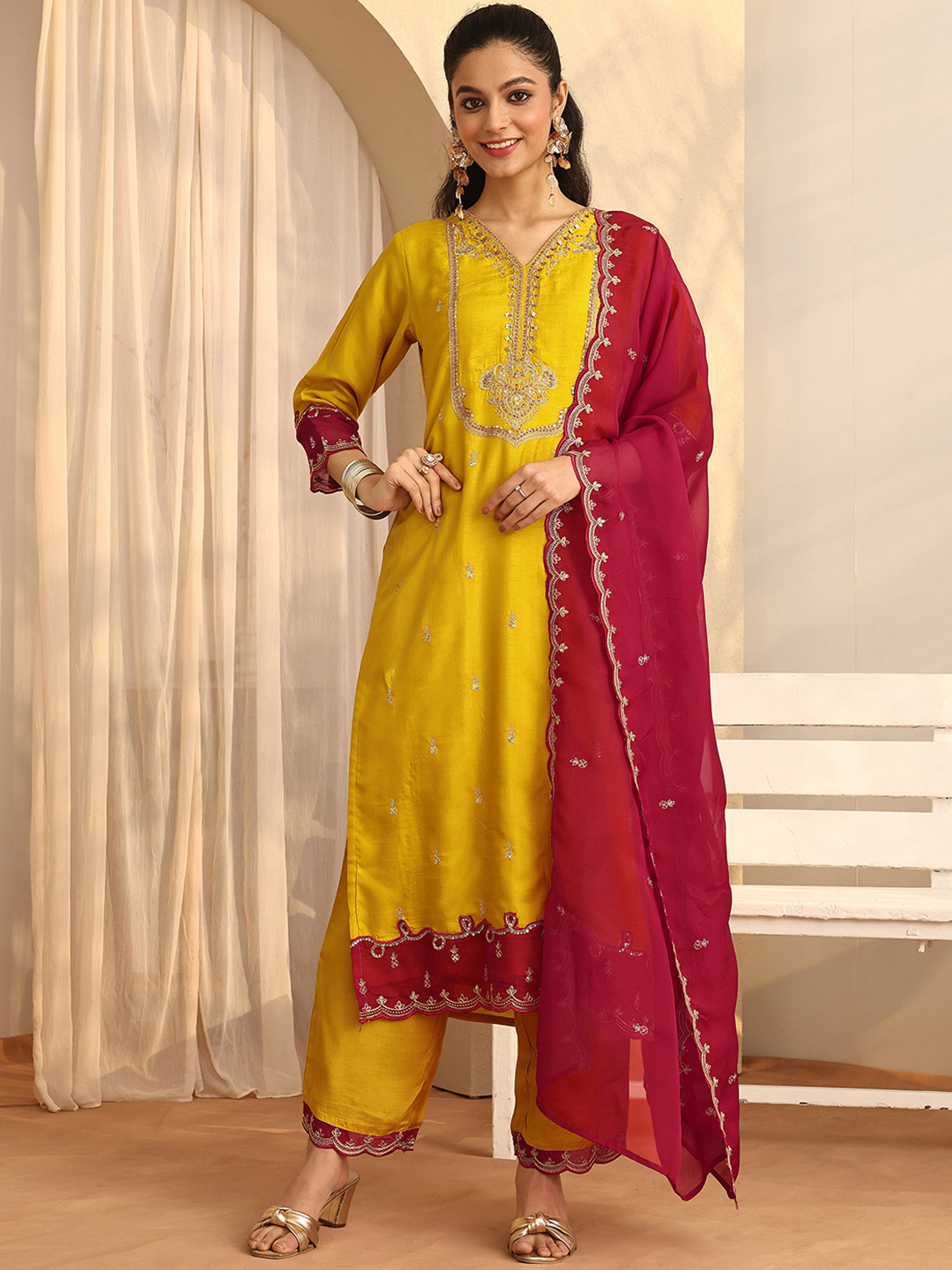 Libas Women Ethnic Motifs Embroidered Regular Sequinned Kurta with Trousers & With Dupatta