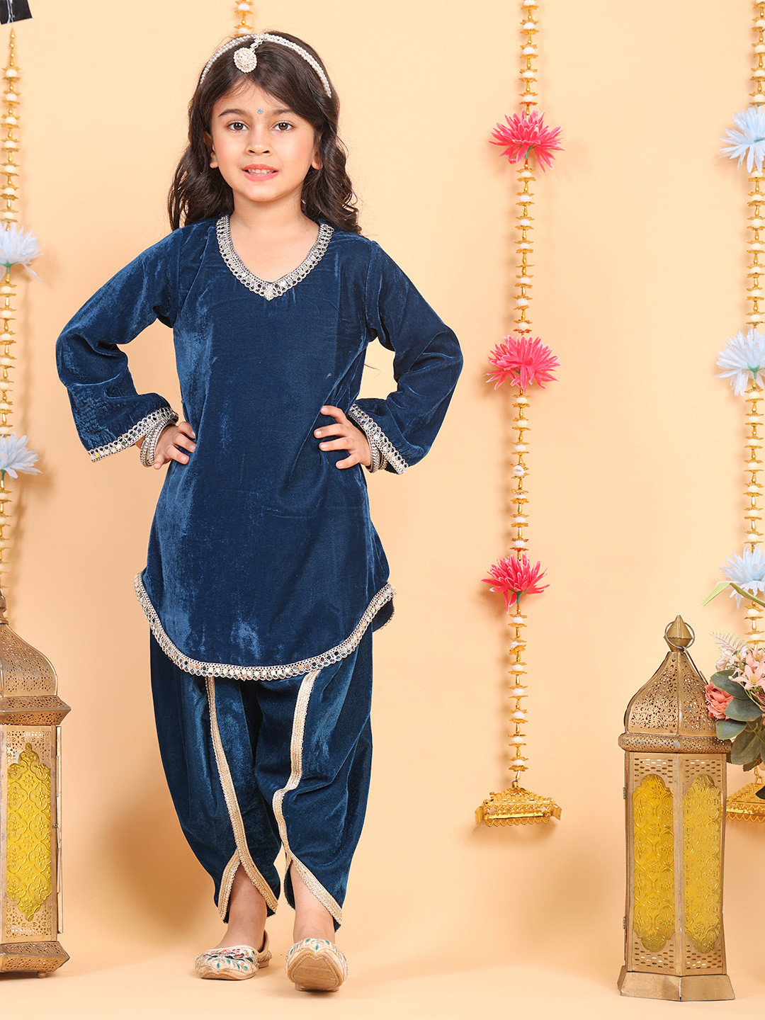 Superminis Girls Regular Gotta Patti Velvet Kurta with Dhoti Pants