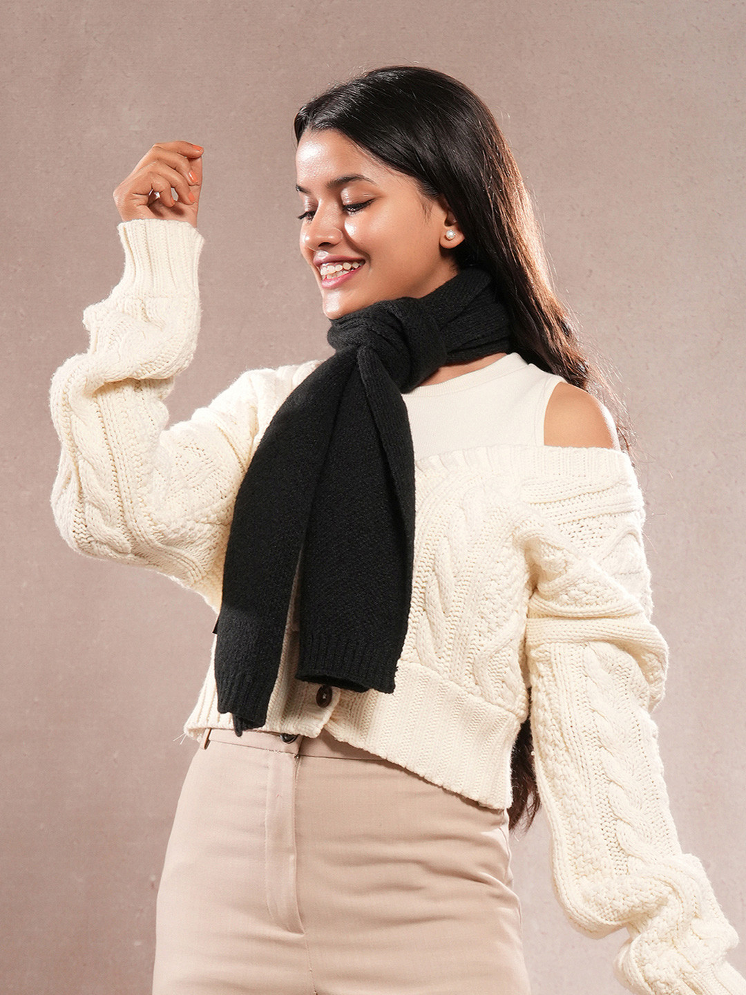 CrossKulture Women Self Design Scarf with Ribbed Border