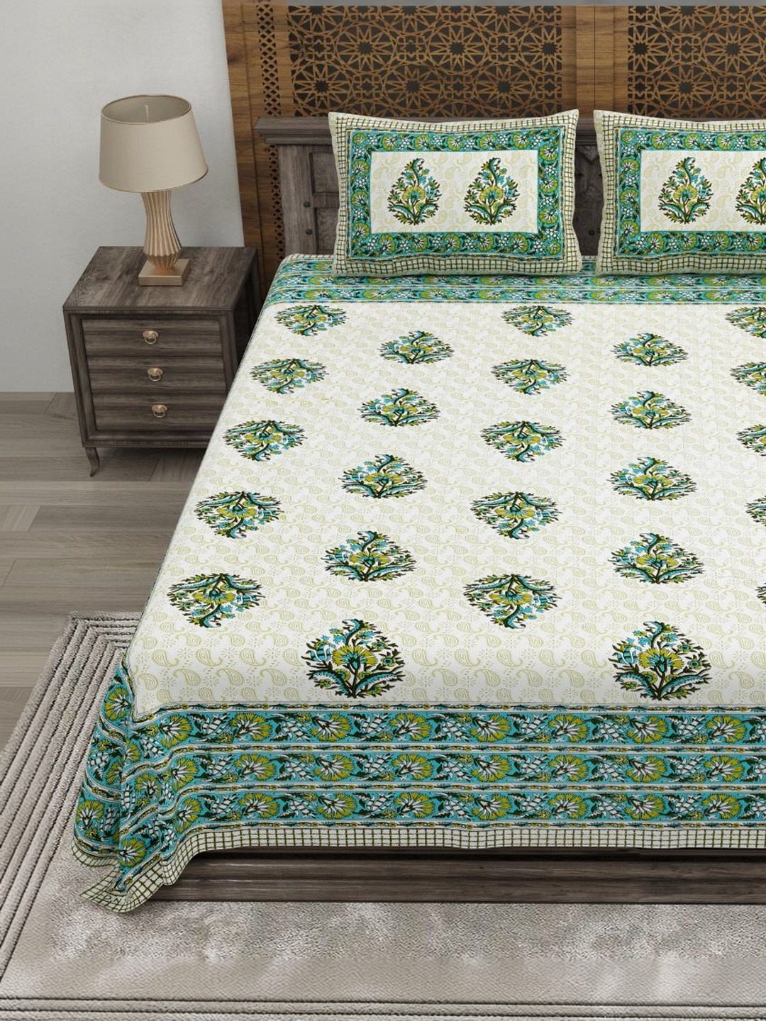 CLOTHOLOGY Emerald Fern Floral Bagh-e-Noor Cotton Double Flat 180 TC Jaipuri Prints Bedsheet Set