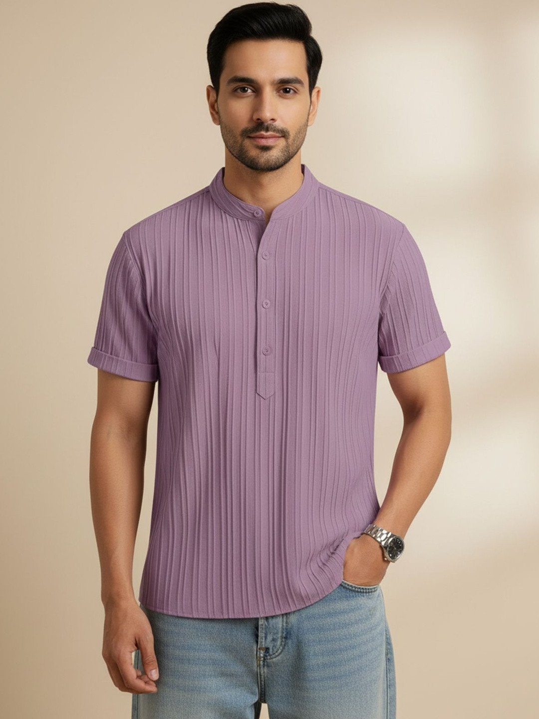 Lavender Textured Regular Fit Casual Shirt