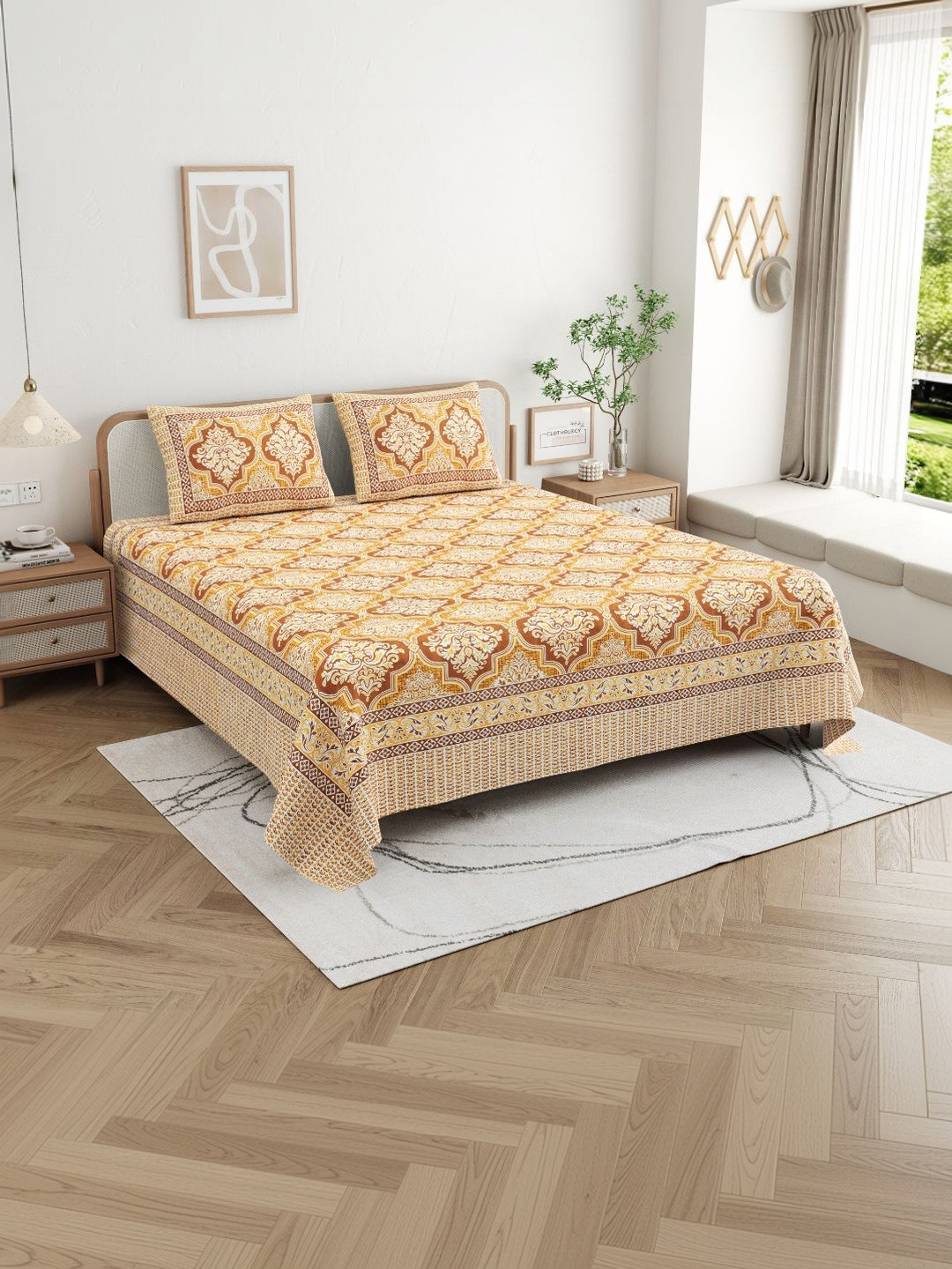 CLOTHOLOGY Mustard Gold Damask Ogee Royal Ogee Memoir Cotton Double Flat 180 TC Jaipuri Prints Bedsheet Set