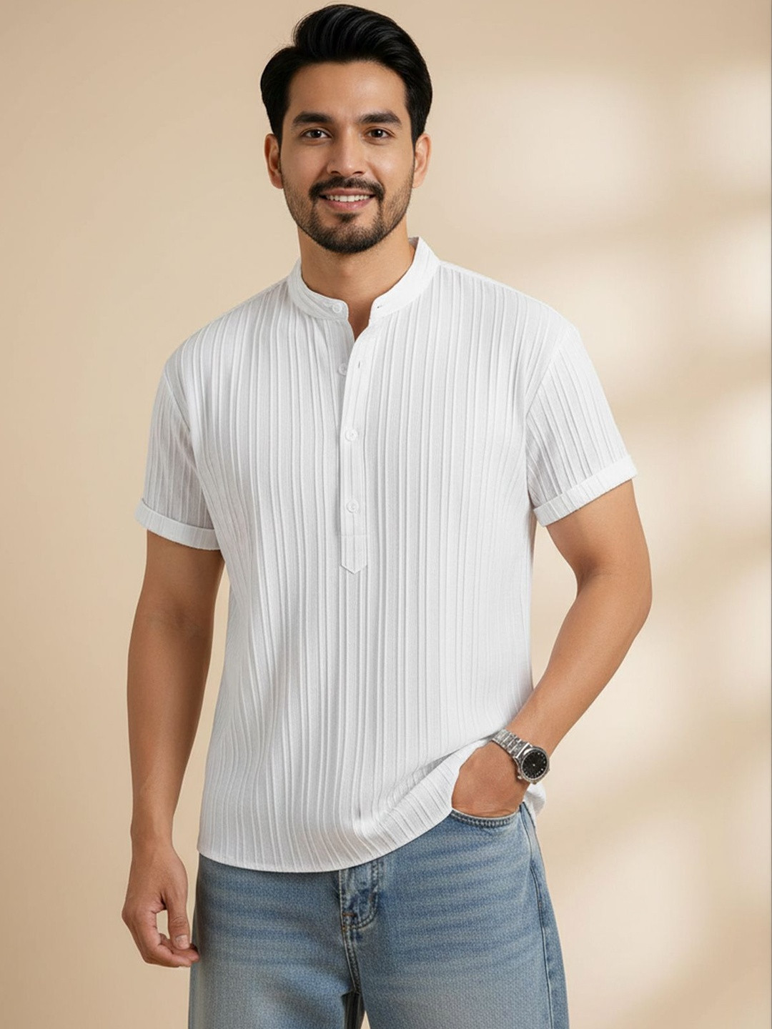 WEBRIC Men Striped Thread Work Kurta