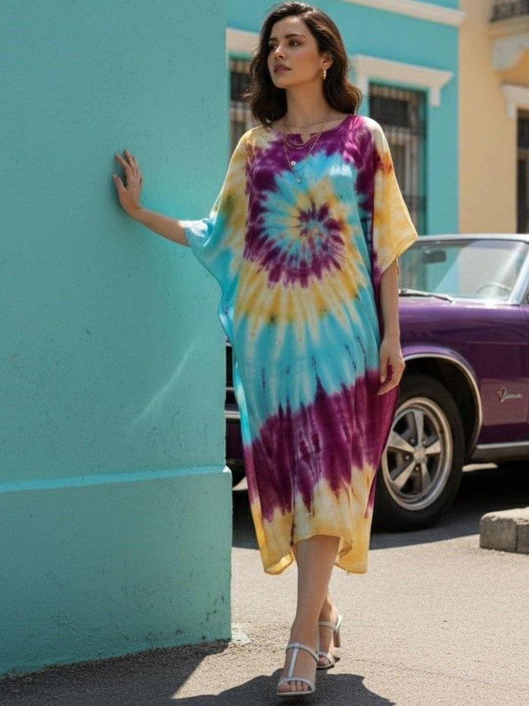 Maaesa Tie Hand And Dye Viscose Rayon Midi Kaftan Dress