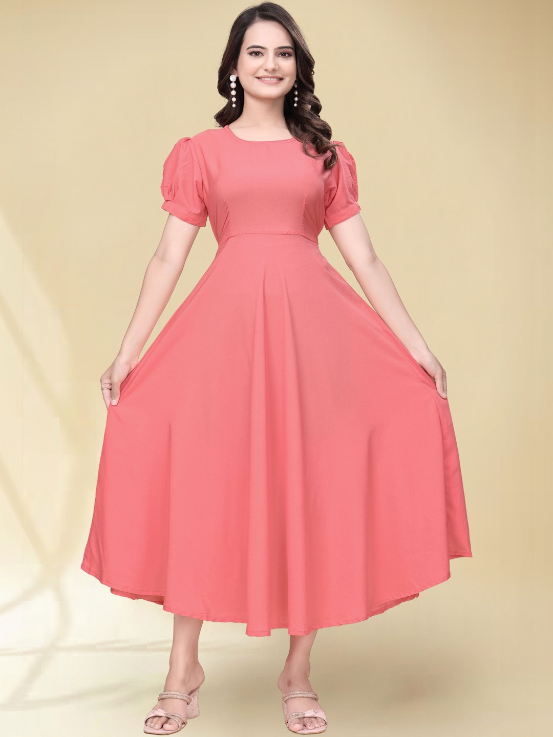 QENA Puff Sleeve Fit & Flare Midi Dress