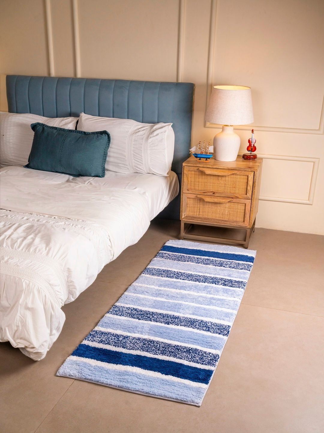 RALIA HOMES White & Navy Blue Striped Anti-Skid Bedside Floor Runner