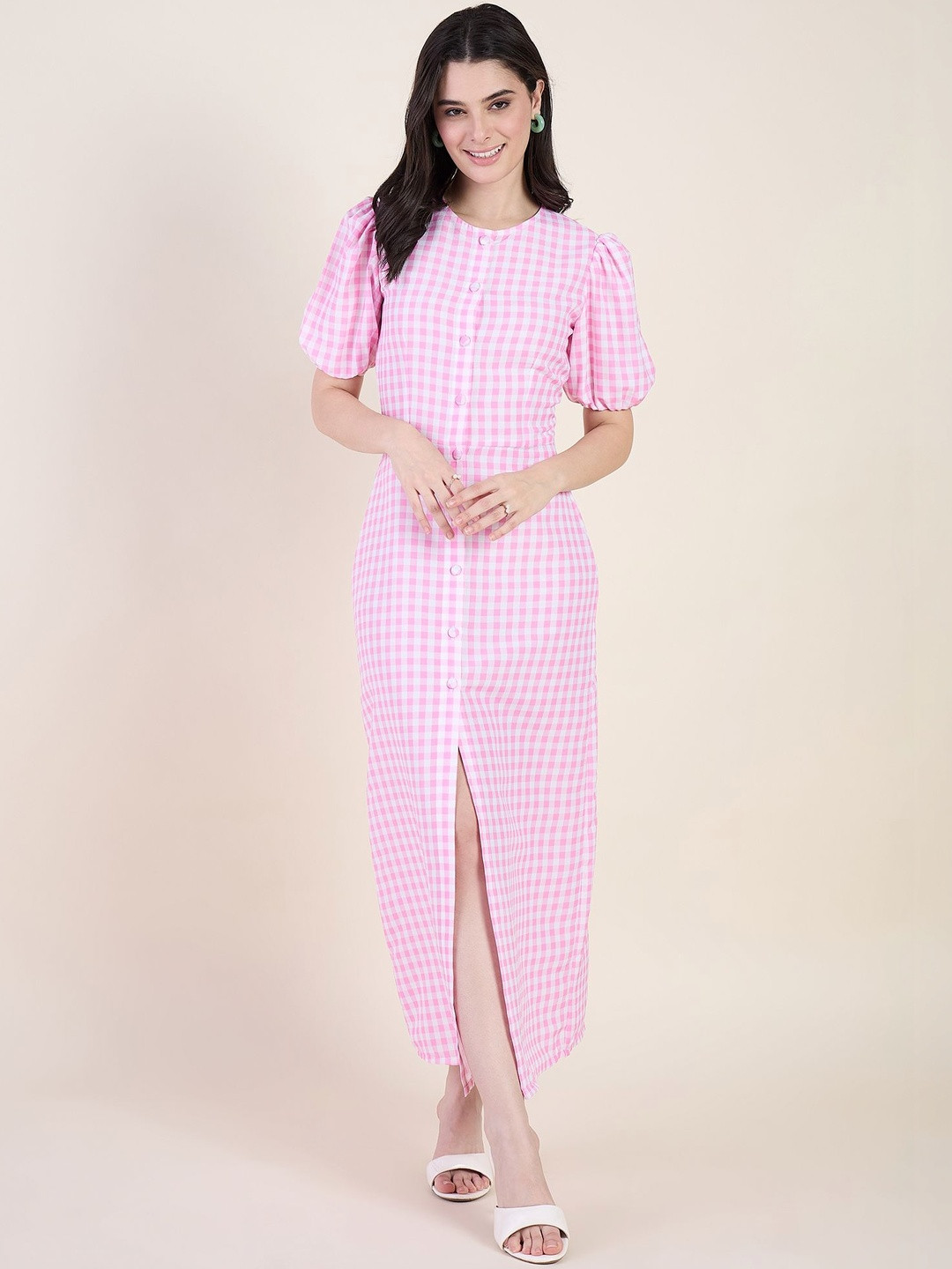 aayu Checked Puff Sleeve Sheath Midi Dress