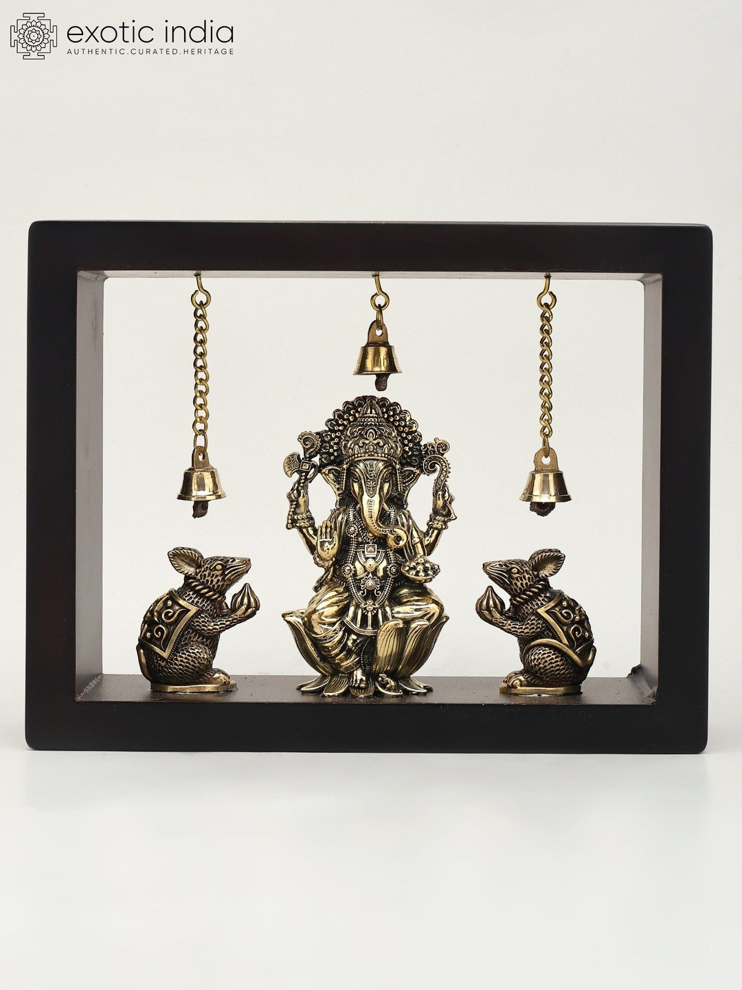 Exotic India Yellow & Black Textured Lord Ganesha With Mushak Wooden Wall Hangings
