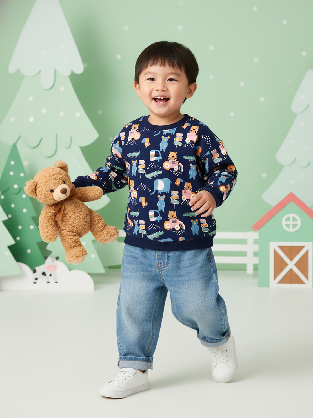 Nauti Nati Boys Navy Blue Conversational Printed Antimicrobial Pullover Round Neck Sweatshirt