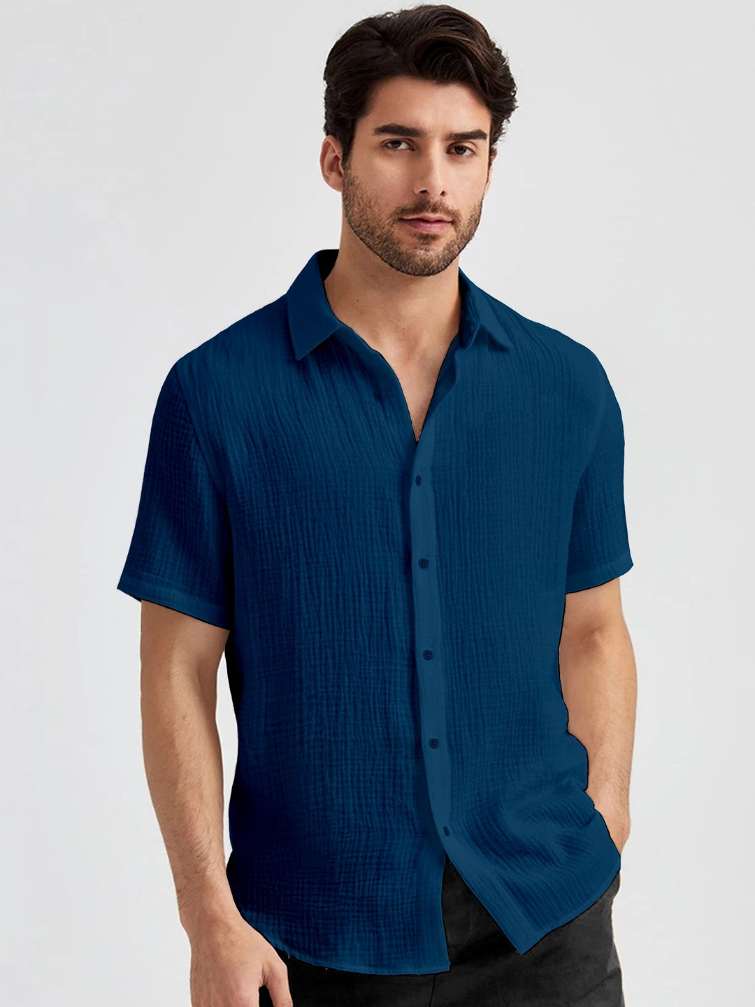 Men's Regular Fit Teal Textured Casual Shirt