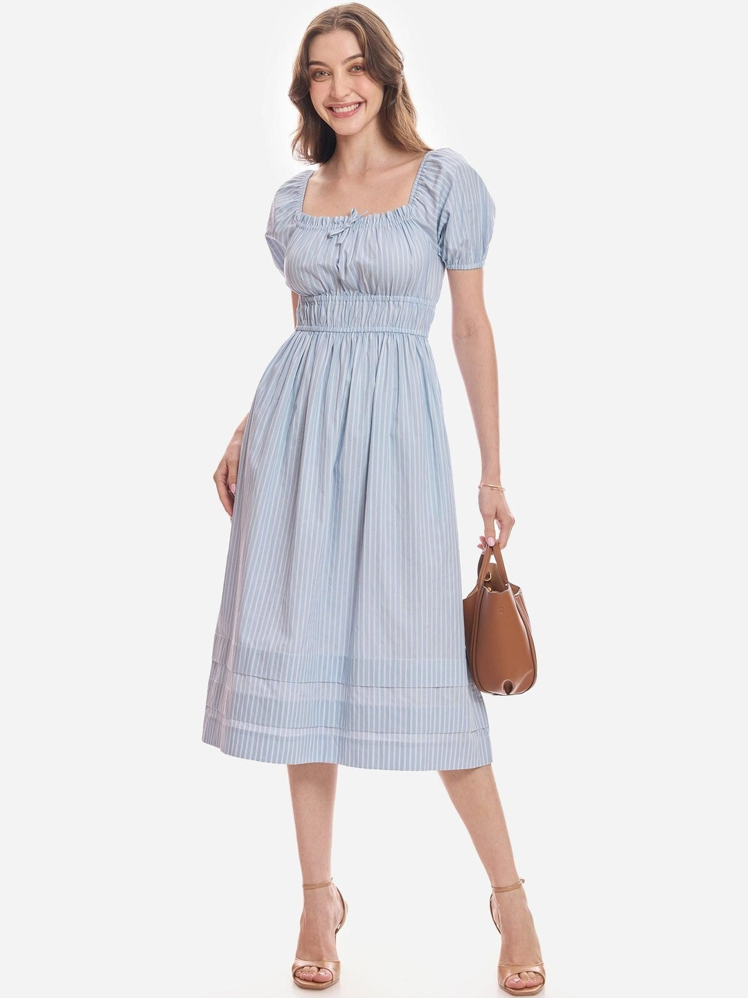 Virgio Women Striped Cotton Square Neck Short Sleeves Dresses